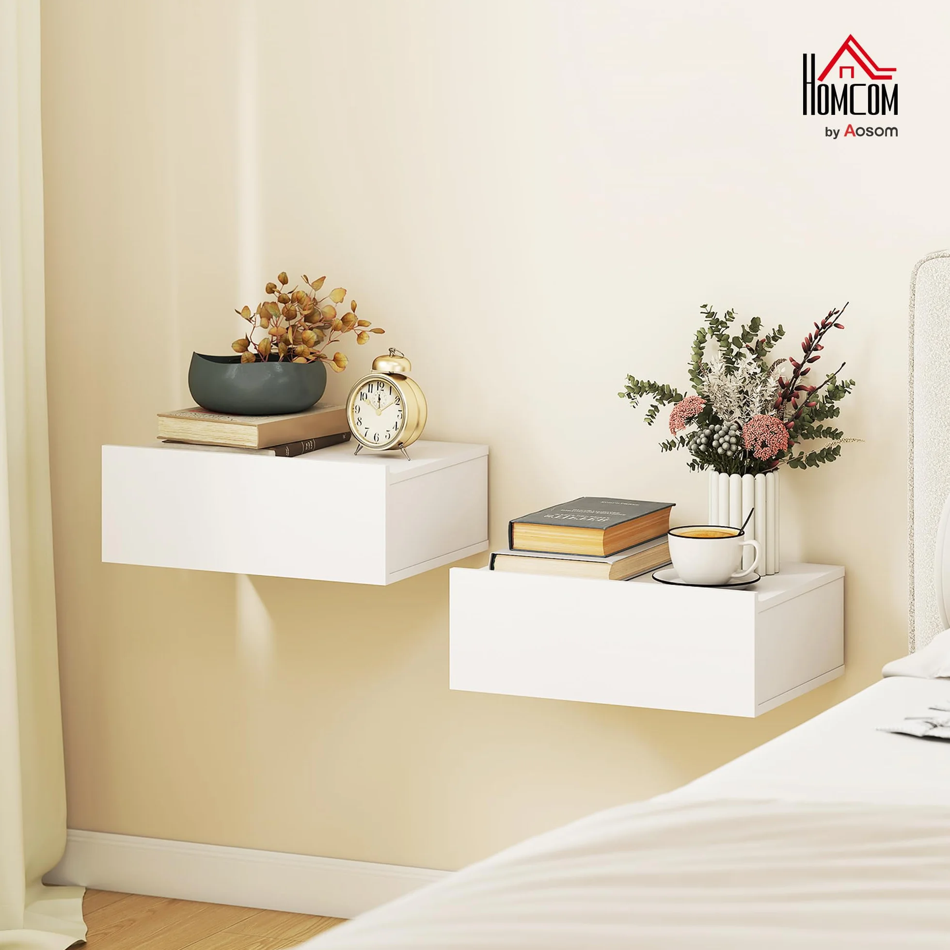 HOMCOM Set de 2 Mesitas de Noche Flotantes con 1 Cajón Diseño Montado en la Pared Estilo Moderno para Dormitorio 40x30x15 cm Blanco