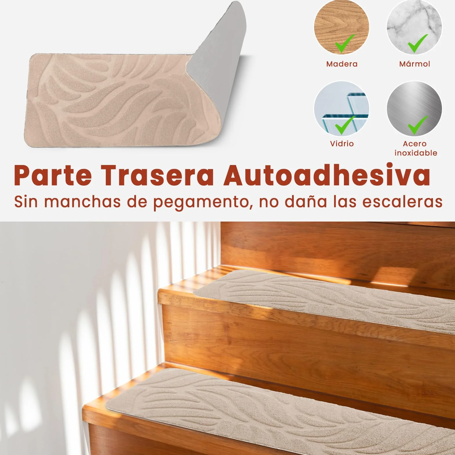 Alfombrillas para Escaleras Antideslizantes, 15 Alfombrillas Autoadhesivas Escalones Interiores, Recortables y Reutilizables - Protección para Mascotas, Mayores, Niños (Beige, 76x20 cm)
