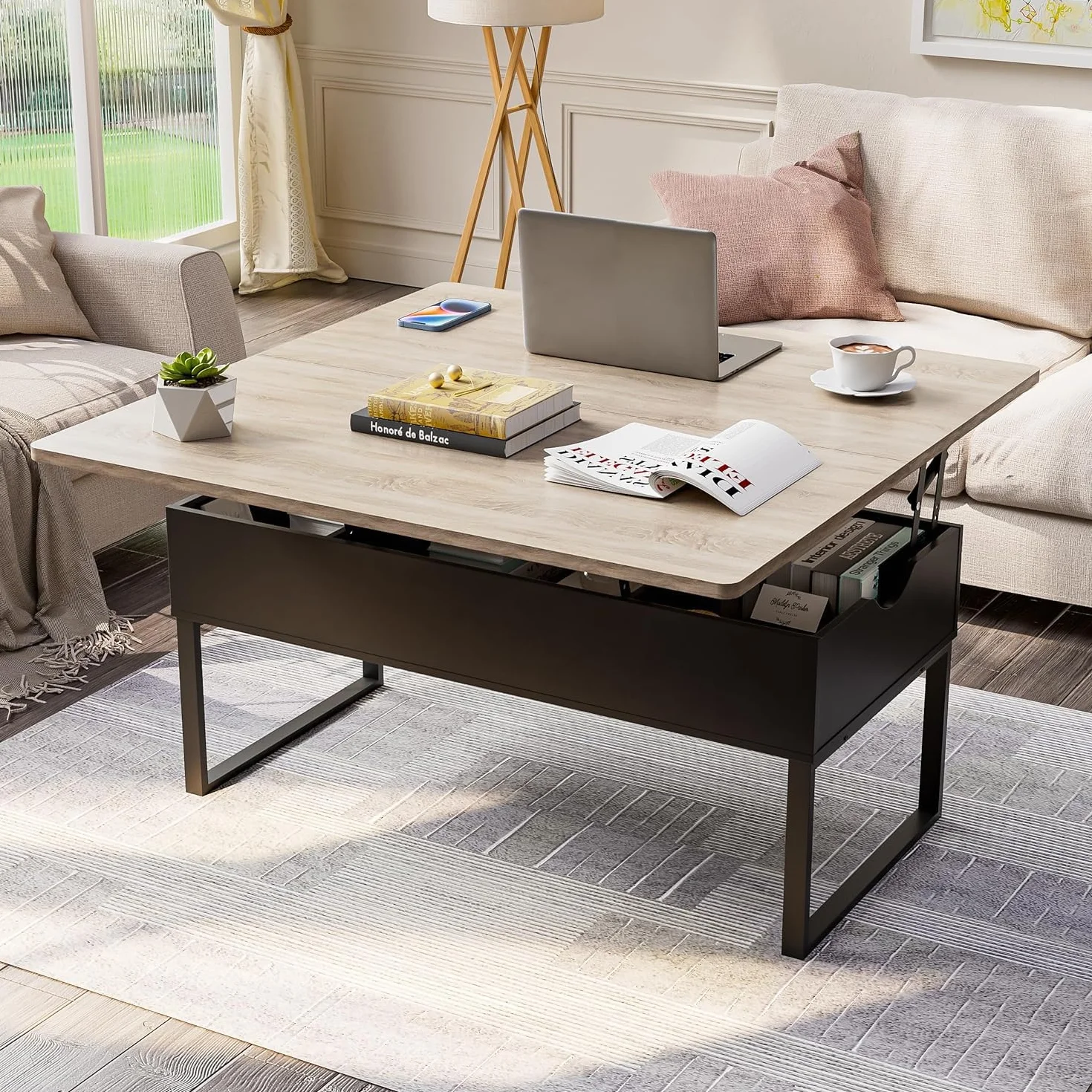 MSFE Mesa Centro Elevable,Mesa de Salón Multifuncional 4 en 1 con Almacenamiento Oculto,Altura Ajustable,Mesa Convertible Moderna y Elevadora para Comedor de Salón,Color Negro y Madera