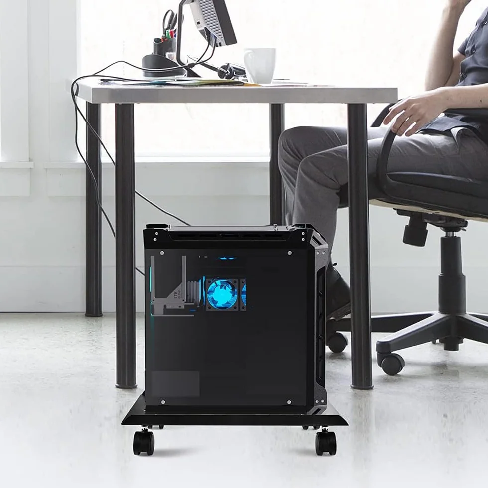 Soporte CPU, Soporte Torre Ordenador con Clips Organizador de Cables Autoadhesivo, Soporte para PC Ajustable Móvil con 4 Ruedas, Negro