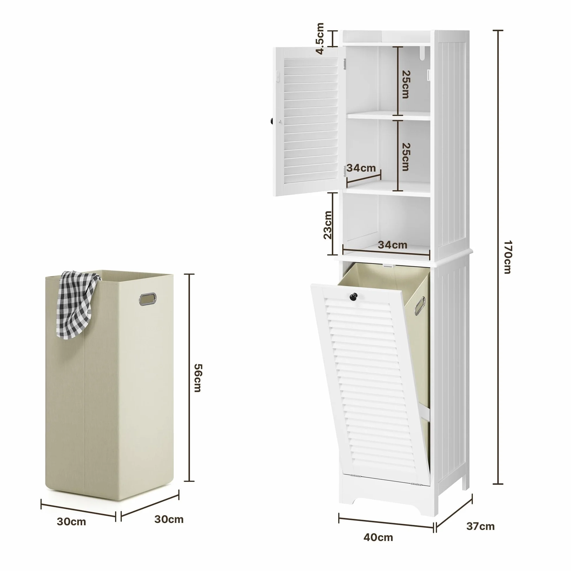 Xbro Mueble Baño con Cesto para Ropa, Armario Columna con Estantería y Puerta con Balda Ajustable, para Baño Pequeño, 40 x 170 x 37 cm, Blanco