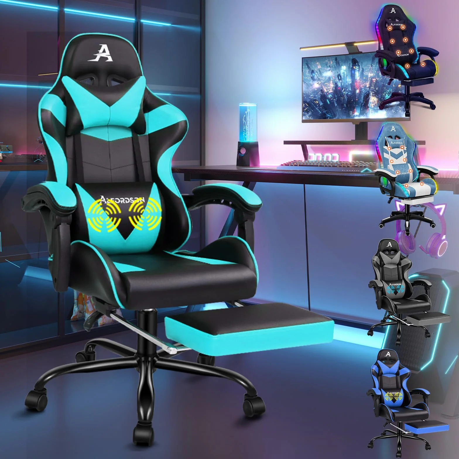 ALFORDSON Silla Gaming para Escritorio con Masajeador, Silla Gamer Ergonómica Cojín Lumbar y Cervical, Ruedas Giratorias 360°, Reposapiés Retráctil, para Ordenador,Oficina,Videojuego, Cuero PU(Cian)