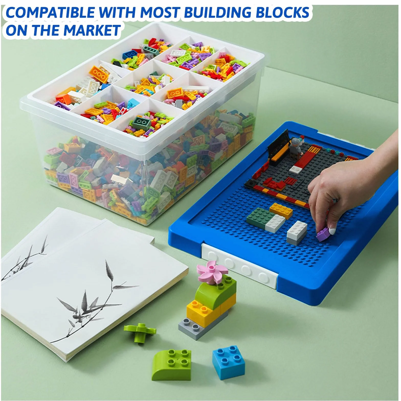 Greentainer Set de 3 Cajas de Almacenamiento de Juguetes con Tapa y Bandeja Extraíble, PP Apilable, Organizador para Bloques, Compatible con Ladrillos, para Habitación Infantil(Azul)