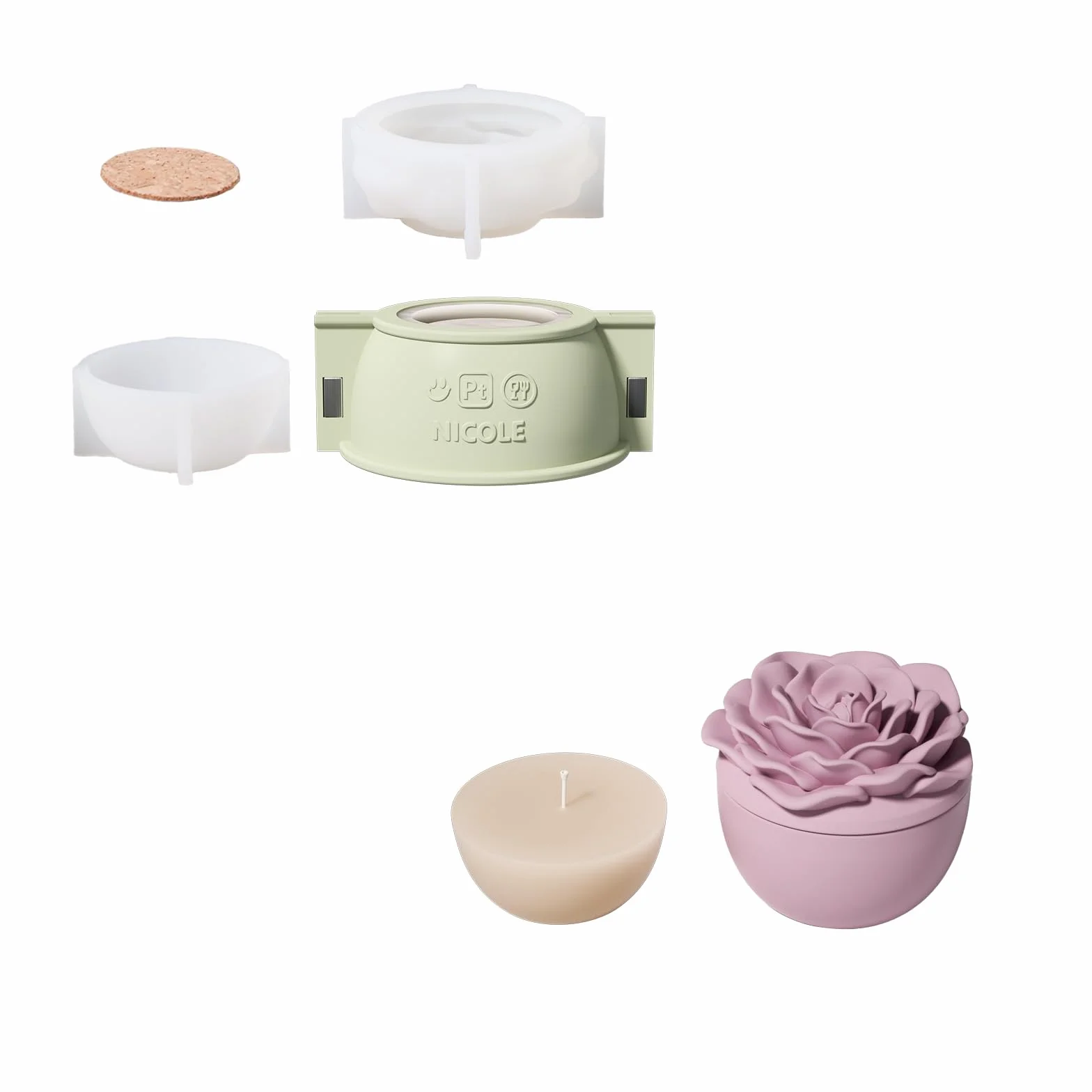 BOOWAN NICOLE Tarros para velas con tapa de flor de rosa y moldes de silicona de 70 ml para rellenar velas Jesmonite, candelabro de yeso para hacer velas artesanía (SH1074+LZ0698)