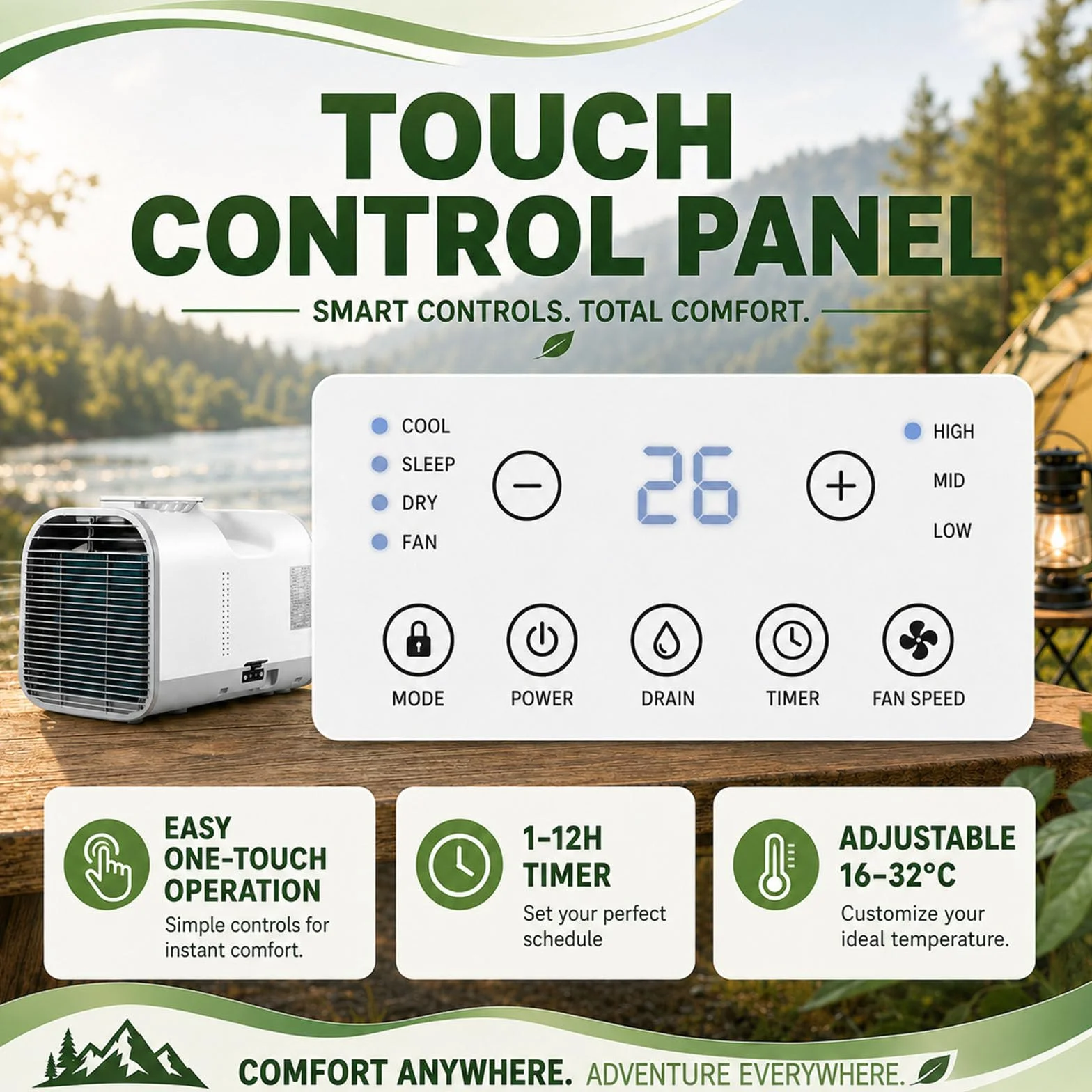 Aire Acondicionado Portátil, Aire Acondicionado Móvil para Tiendas De Campaña Y Habitaciones Compactas, 4 Modos En 1, Unidad De Aire Acondicionado para Camping, Autocaravana O Camión 1300W