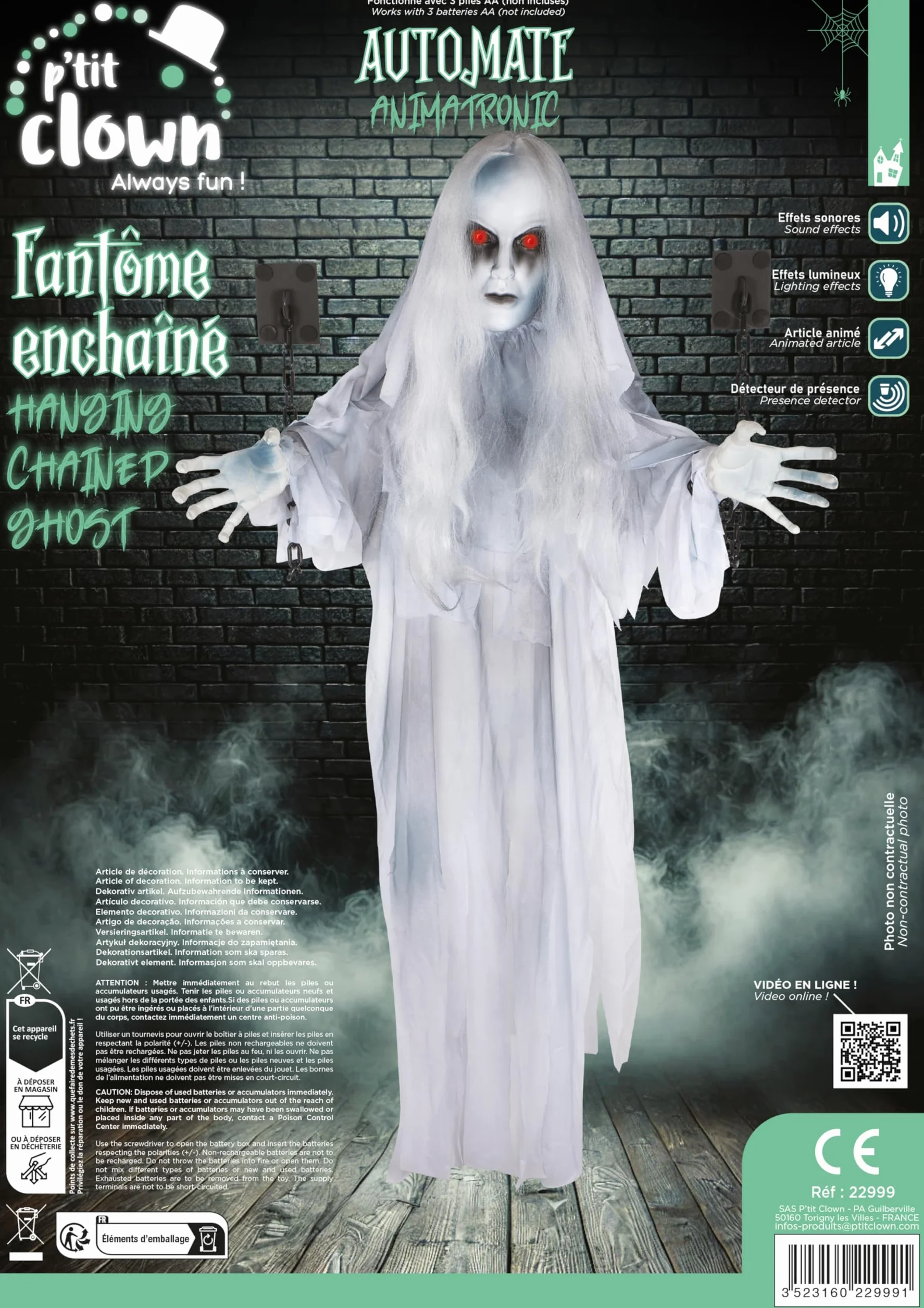 P'tit Clown Autómata de Halloween Animatrónico Fantasma Sonido y Luminoso 130 cm