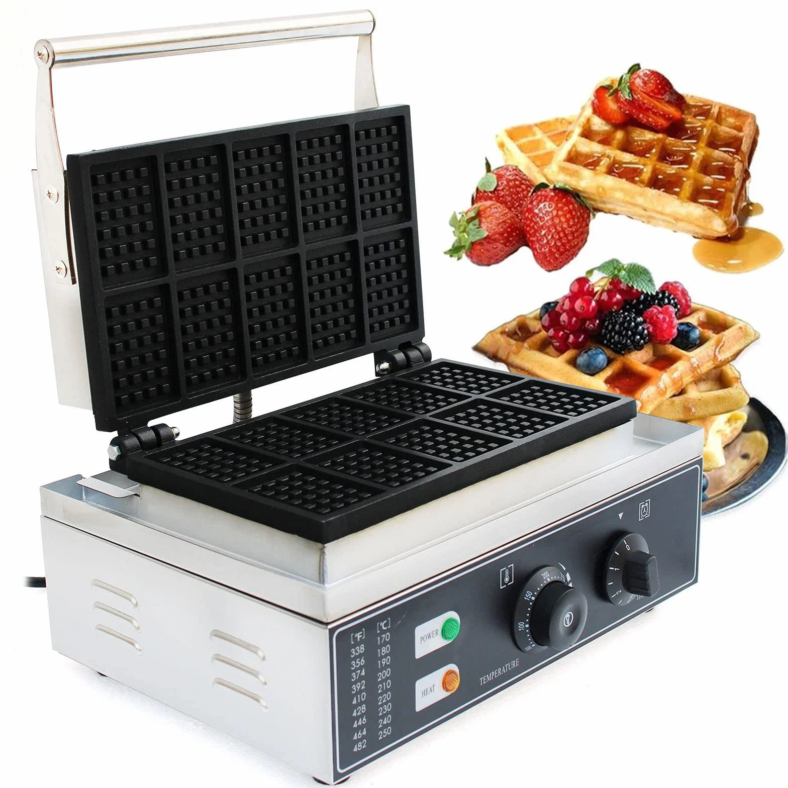 Futchoy Gofrera con placas antiadherentes, gofrera comercial de acero inoxidable para 10 gofres con carcasa de acero inoxidable, temperatura de 0-300 °C, temporizador