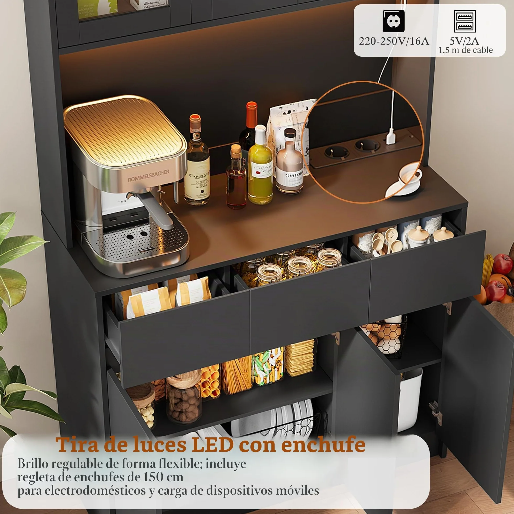 Alacena de Cocina, Armario Despensa Cocina con regleta y Tira de Luces LED, Aparador Comedor con Estantes Regulables (Negro)