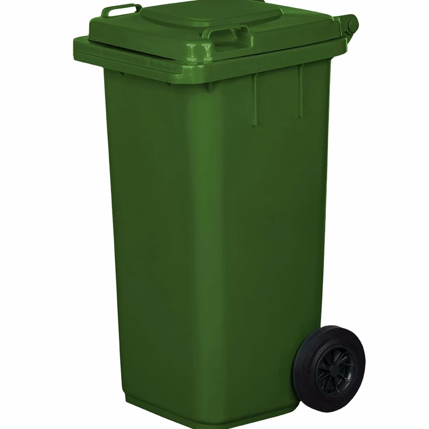 IMJ-Global - Cubo de Basura Alto Grande 120 Litros PN-EN 840 con Ruedas y Sistema de Enganche Mecánico de Recogida, Cubos de Basura de Reciclaje Contenedor Basurero en Plástico (Verde)