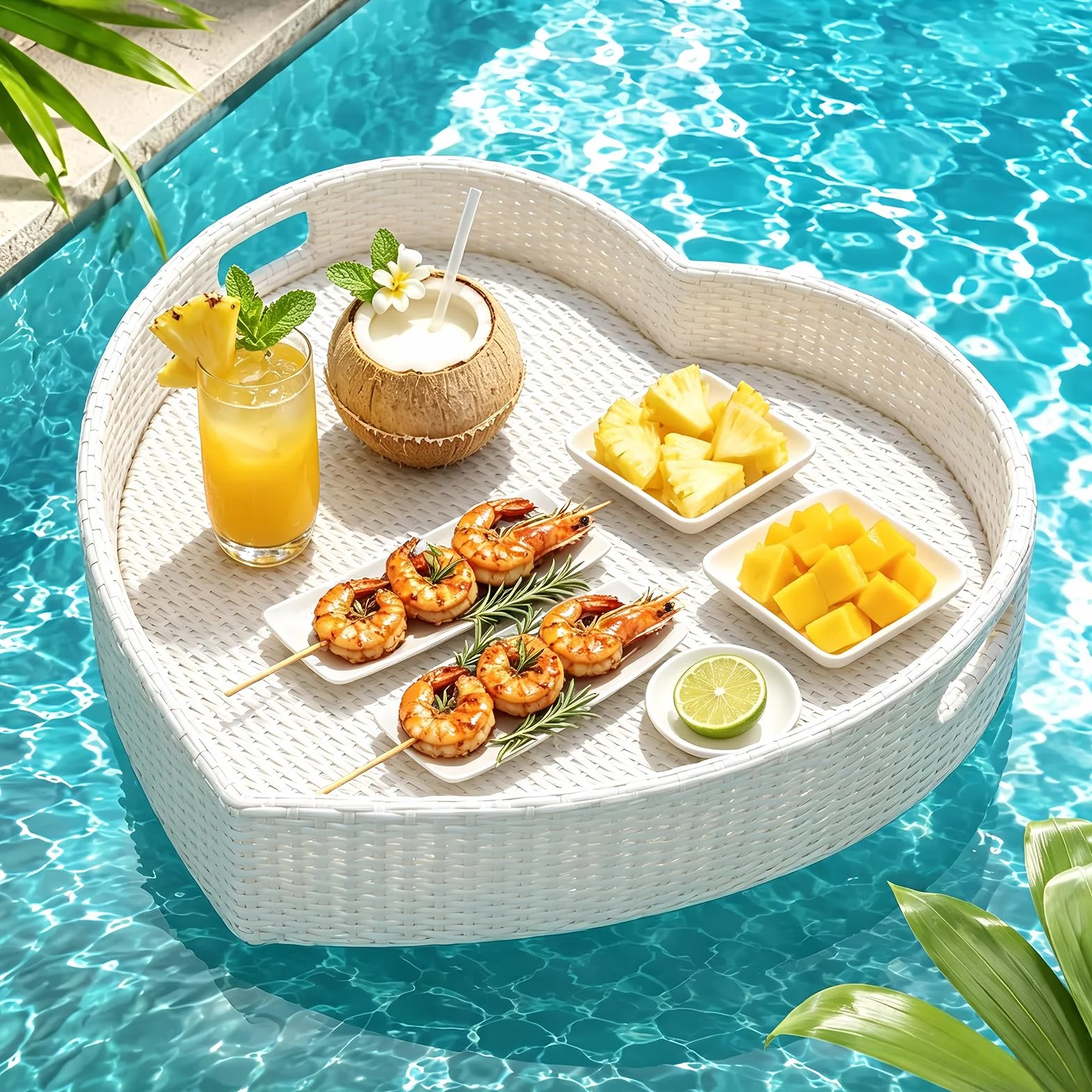 BANGBANGJI Bandeja Flotante Efecto Ratán para Resorts de Verano White | Bandeja flotante de ratán con acabado cuidado, espaciosa para bebidas, desayunos, fruta & accesorios