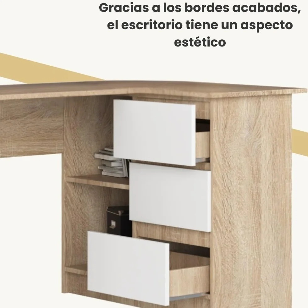 Escritorio esquinero AKORD B16 Roble Sonoma 124 cm con lado derecho 3 cajones frente en color Blanco 2 estantes 124x85x77 cm
