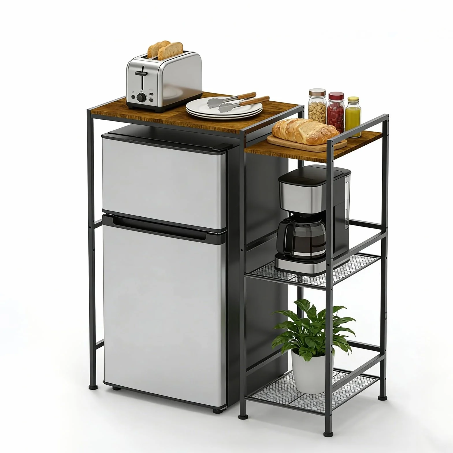 XUDREZ Soporte pequeño para nevera con estantes de almacenamiento, soporte ajustable para microondas, organizador de cocina multifuncional para tostadora, cafetera, estante de pie para hornear para el