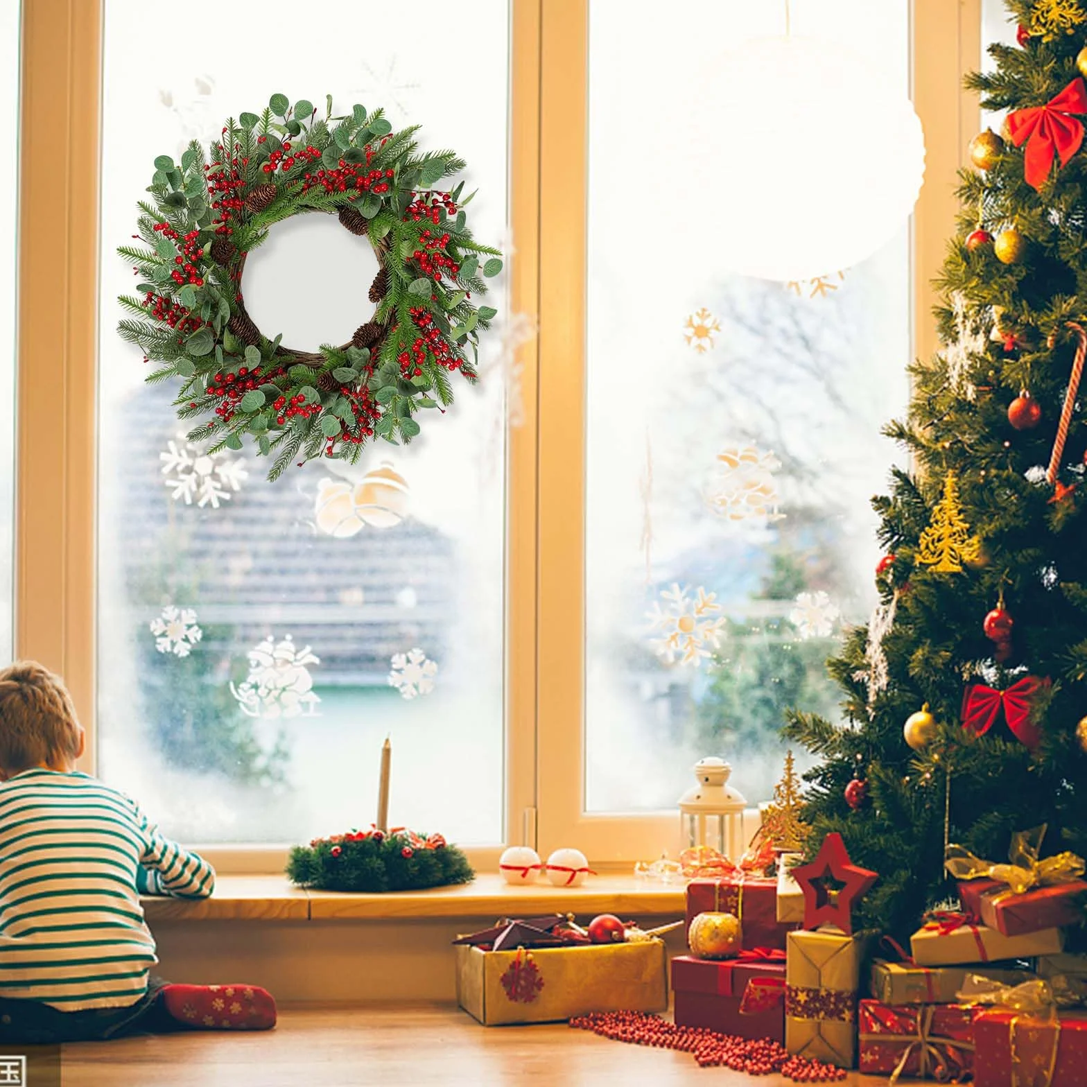 Betylifoy Corona de Navidad Grande de 60 cm, Guirnalda Navideña para Puerta Delantera Corona Navideña con Bayas Conos de Pino para Decoraciones Navideñas para Chimenea en el Hogar