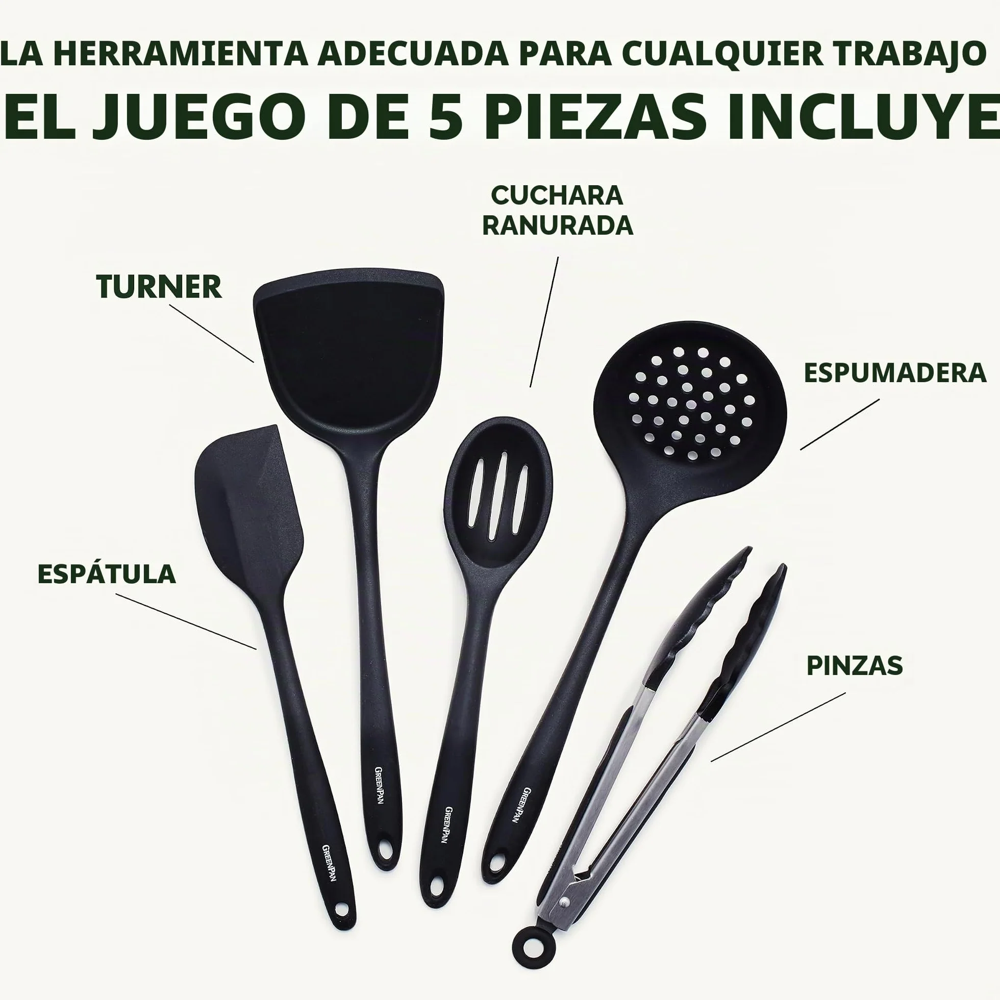GreenPan Cooking Tools - Juego de utensilios de cocina (5 piezas), color negro