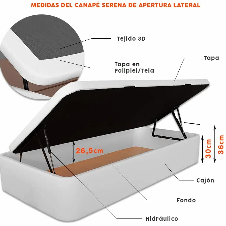 Ventadecolchones - Canapé Abatible Apertura Lateral Serena Gran Capacidad Tapizado en Tela Antimanchas Crudo Medidas 90 x 190 cm con Tapa con Borde en Tela + Tejido 3D