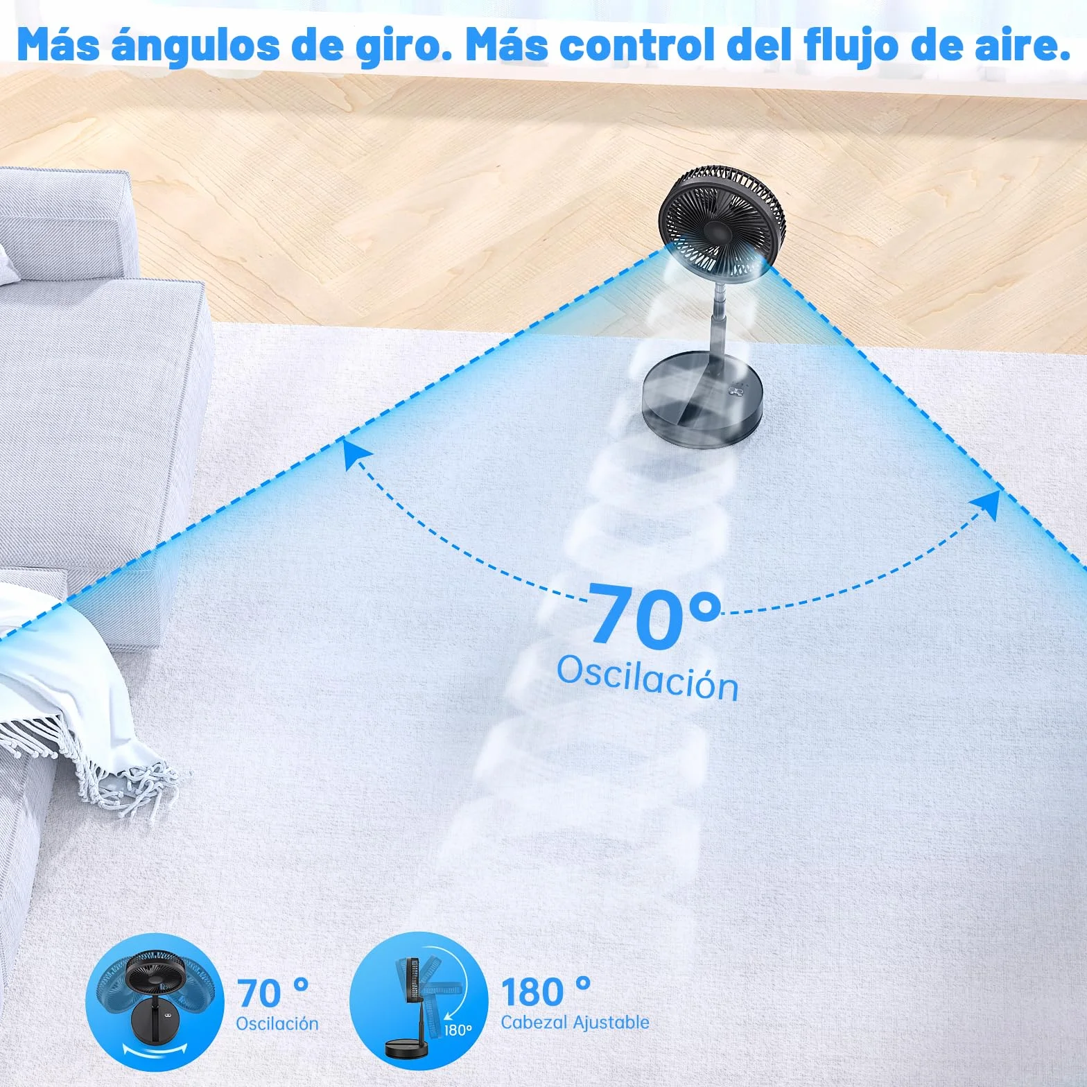 Ventilador de Pie Portatil Silencioso - 8,6" Recargable Fan | Plegable, Oscilante, 4 Velocidades, Temporizador, 8000mAh Bateria, Mando a Distancia. Ideal para Dormir Oficina Camping