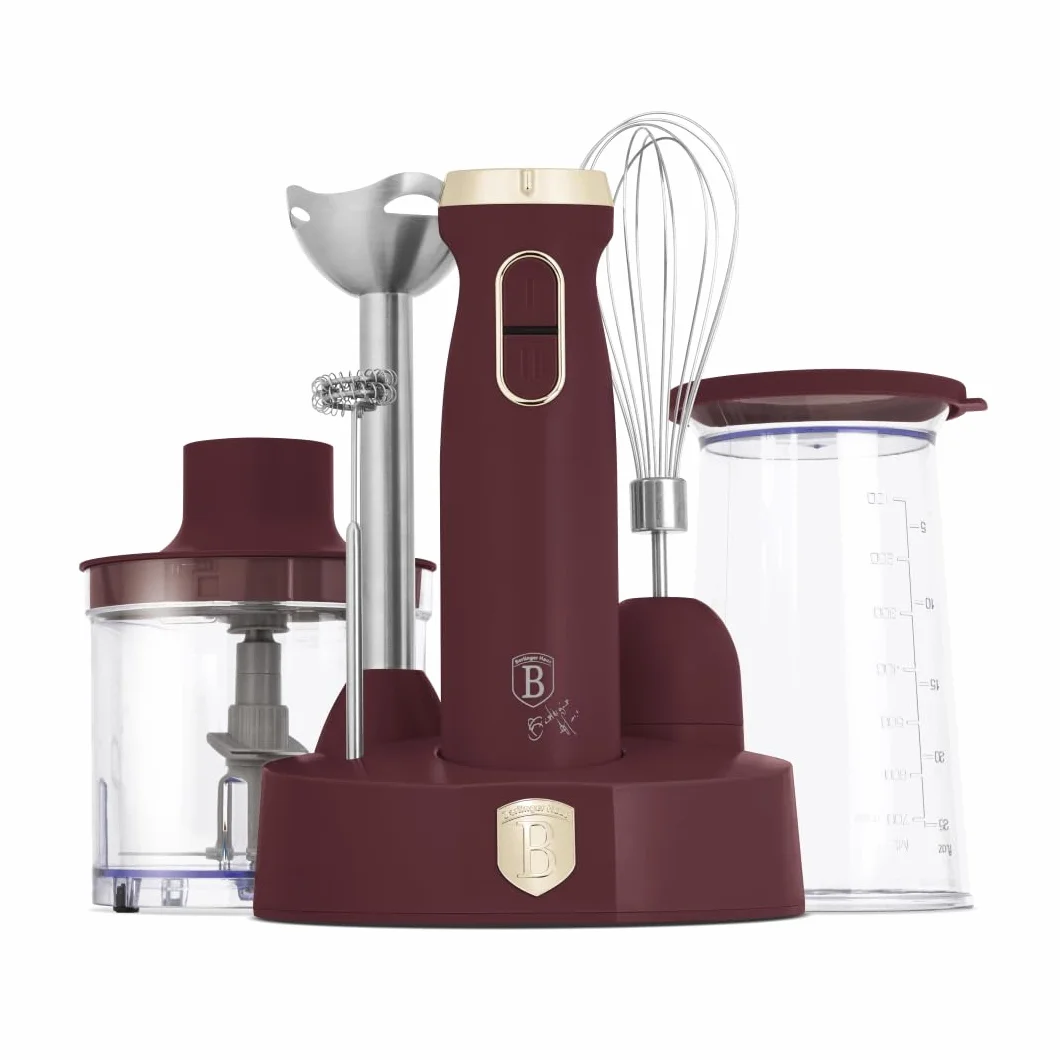Berlinger Haus Batidora de Mano 6 en 1, 800W, Control de Velocidad Variable, Cuchilla de Titanio, Accesorios Incluidos (Vaso Medidor, Picadora, Espumador, Batidor), Color Bordeaux Mate