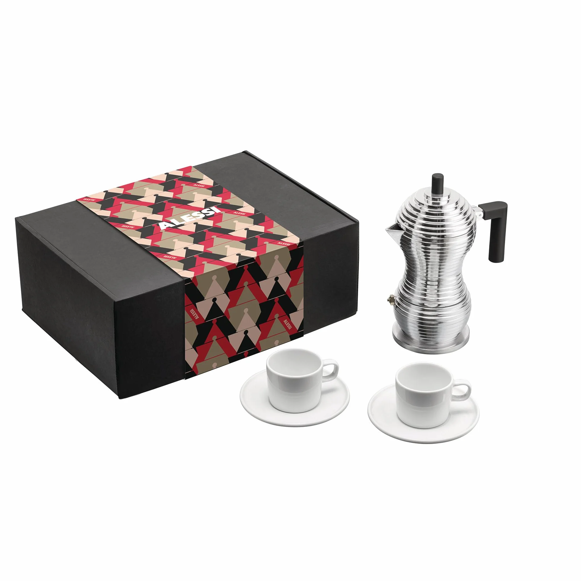 Alessi, Coffee MDL02BSET - Conjunto compuesto por cafetera Pulcina, 2 tazas con platillo, en fundición de aluminio, PA y porcelana, multicolor
