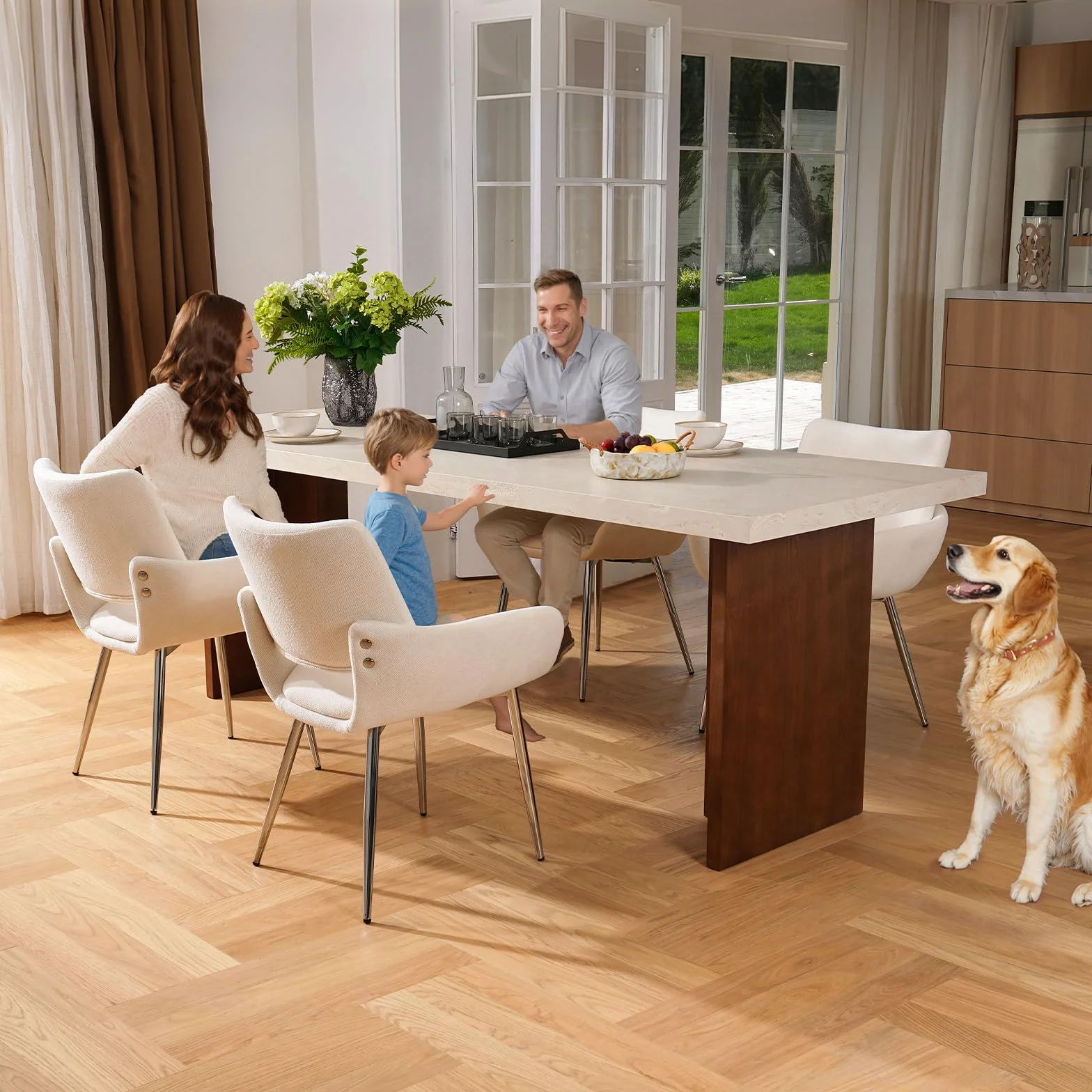 ELUCHANG 4 Sillas de Comedor, Chenilla​ Blanco Hueso, con Respaldo y Reposabrazos,Patas metálicas, para Comedor, Tocador, Cocina, Estables 150 kg