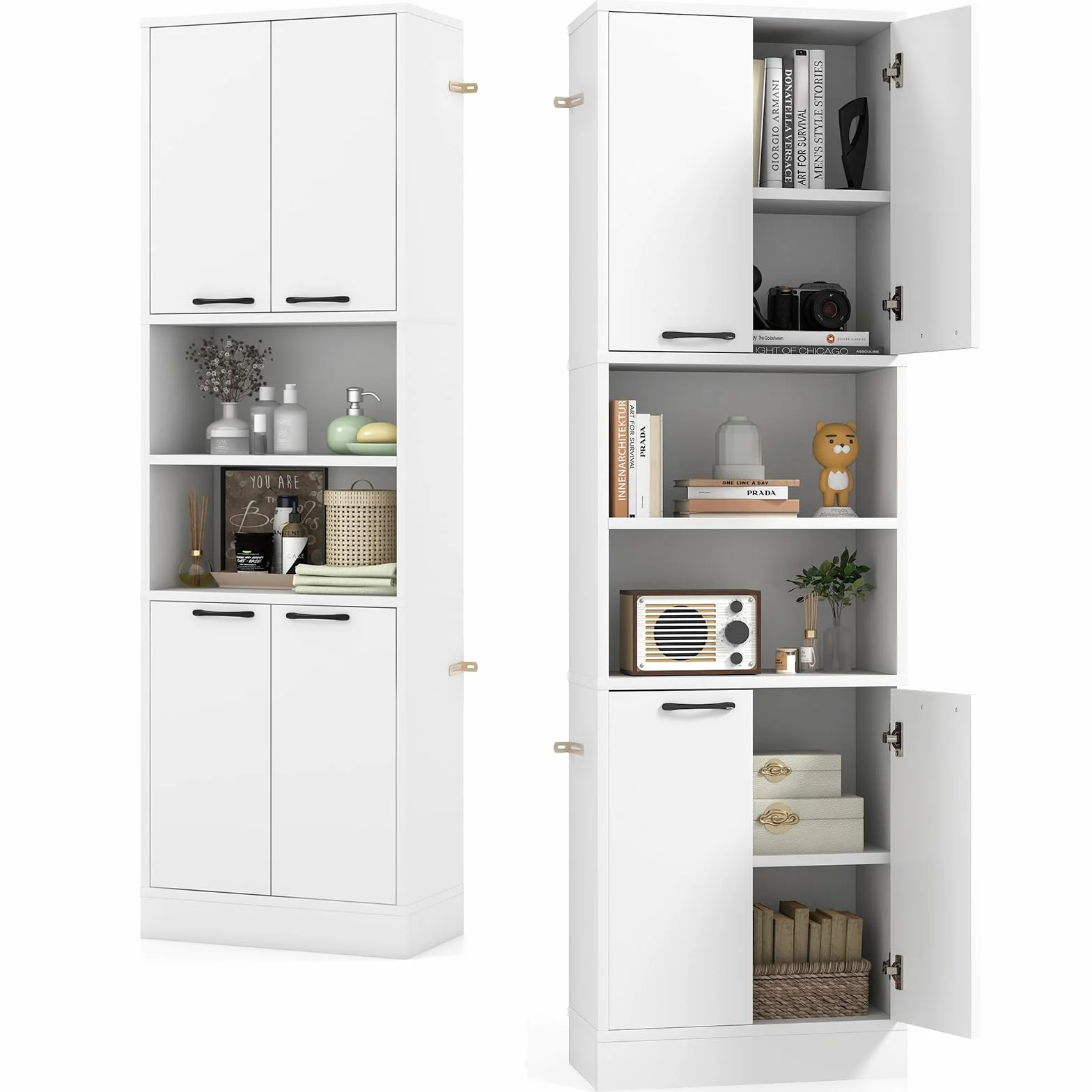 KOMFOTTEU Aparador de Cocina con 2 Armarios con Puertas y Estantes Abiertos, Armario Alto de 6 Niveles con Dispositivo Antivuelco, Mueble de Almacenamiento para Salón, 56 x 30 x 190 cm (Blanco)