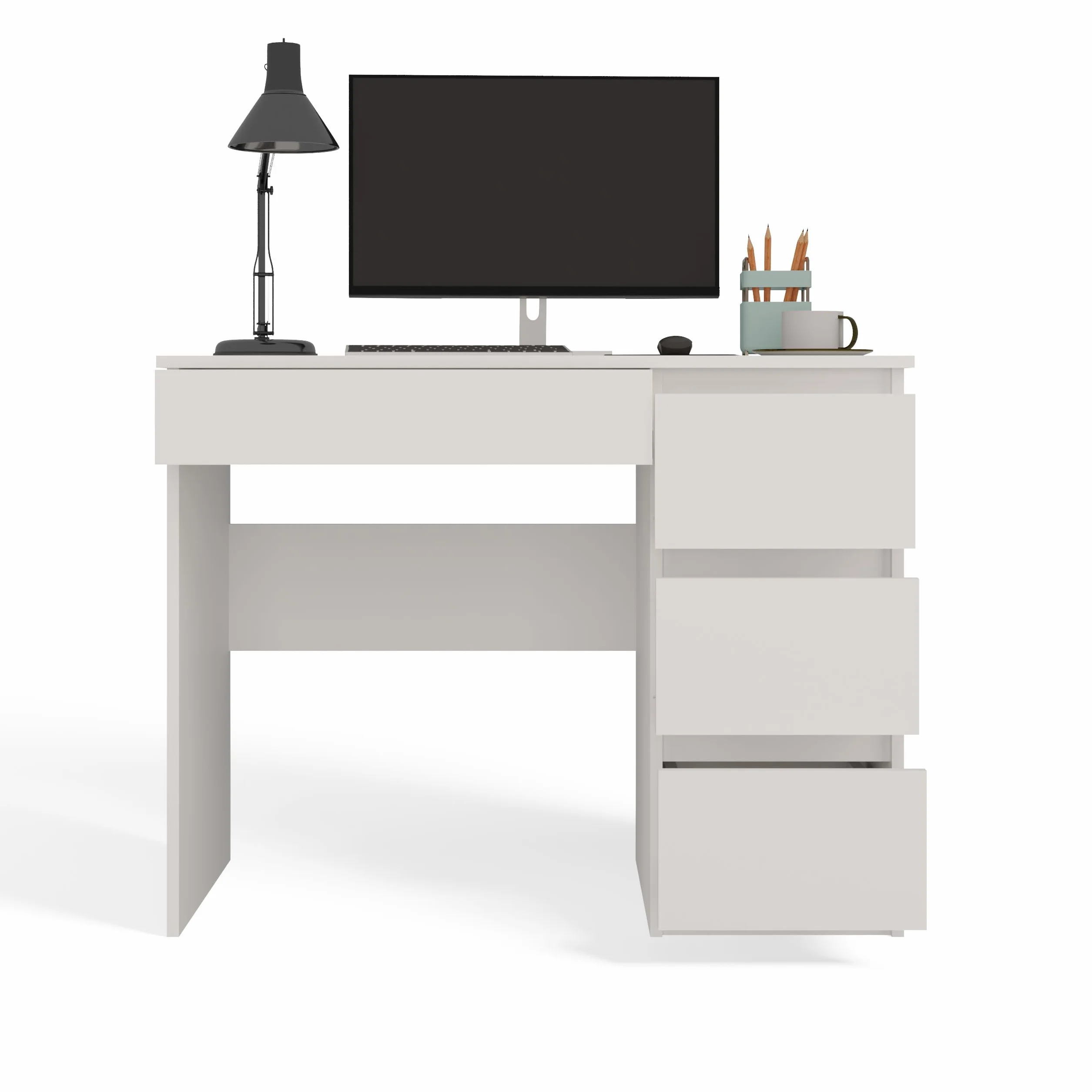 CDF Escritorio 4 Cajones Mesa de Ordenador Oficina Casa Despacho Decoración Diseño Versátil Estudio para Computadora Laptop Portátil Gaming Documentos para Trabajo Juvenil Adulto – Blanco Mate