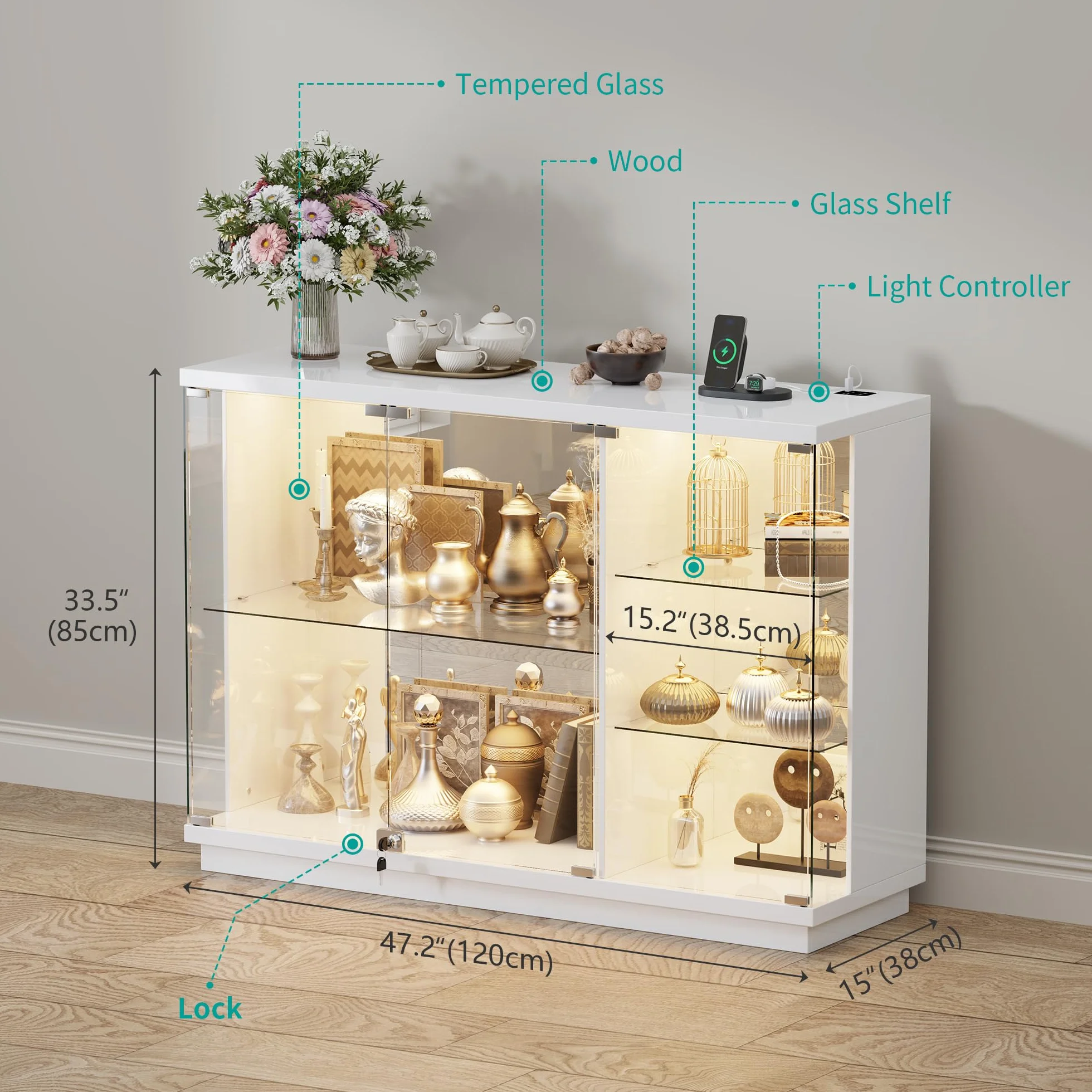 Vitrina Expositora con Iluminación LED: Puertas de Cristal con Cerradura Vitrinas con Sensores Inteligentes Vitrina Cristal de 3 Niveles para Salón,Dormitorio,Oficina o Estudio,