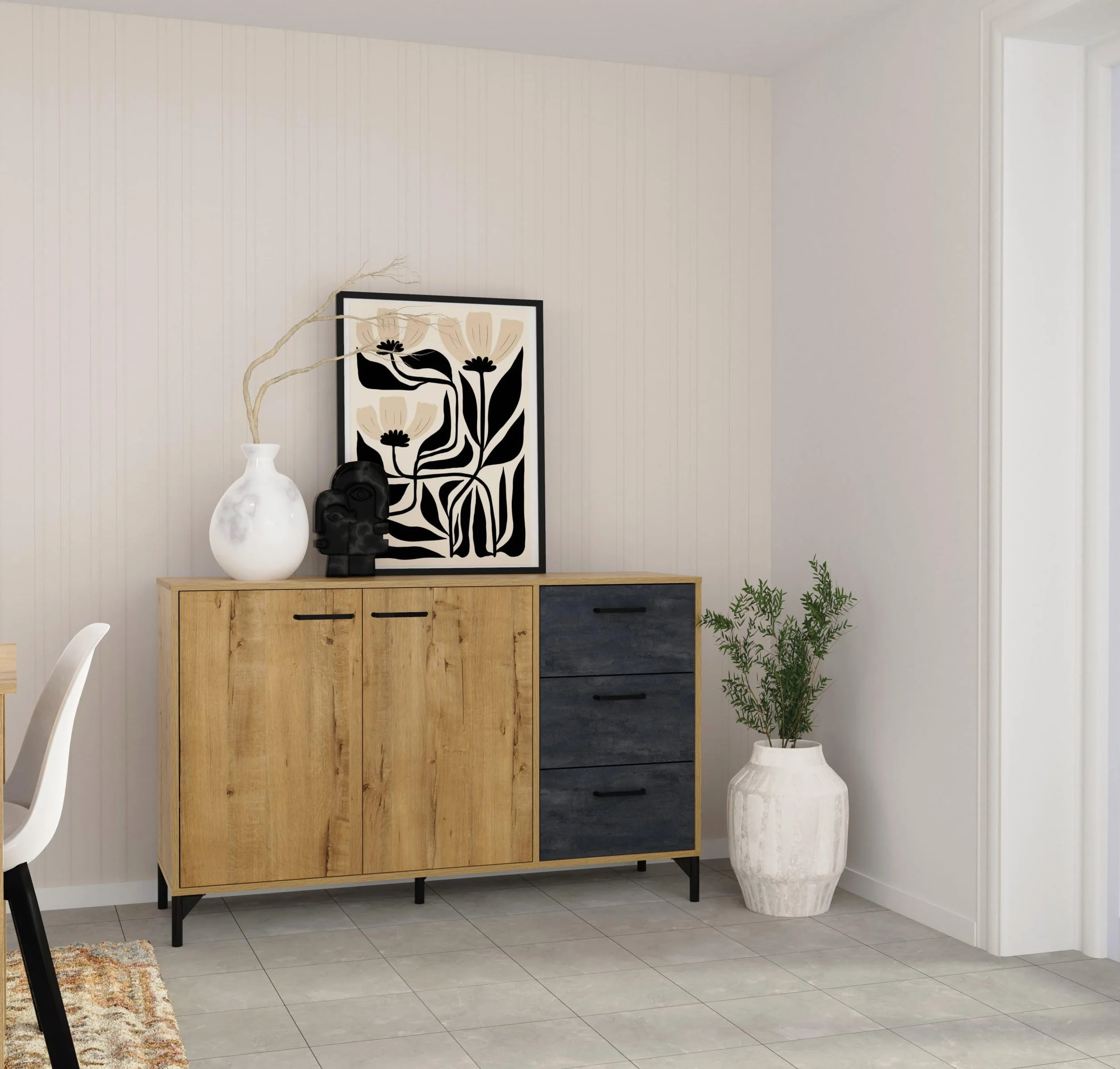 Aparador Salón Comedor, Buffet, Mueble Auxiliar, 2 puertas y 3 Cajones, Roble Gold combinado con imitacón mármol negro, 85x135x40cm, Despensa, Cocina, Despacho, Moderno, Industrial, modelo Nantes