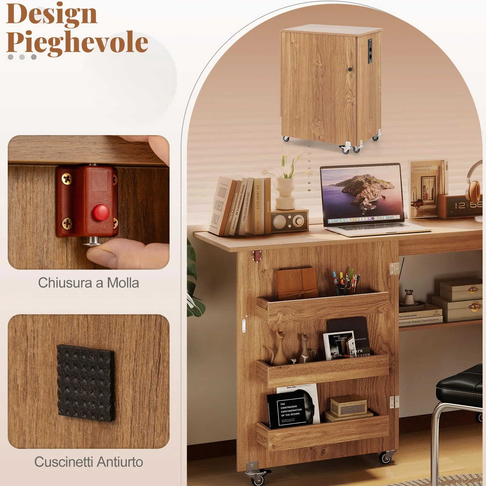 RELAX4LIFE Mesa de Costura Plegable con 3 Compartimentos, Estante, Estación de Carga Integrada, Mesa para Máquina de Coser con Ruedas, 116x40,5x78cm (Natural-con Enchufe)