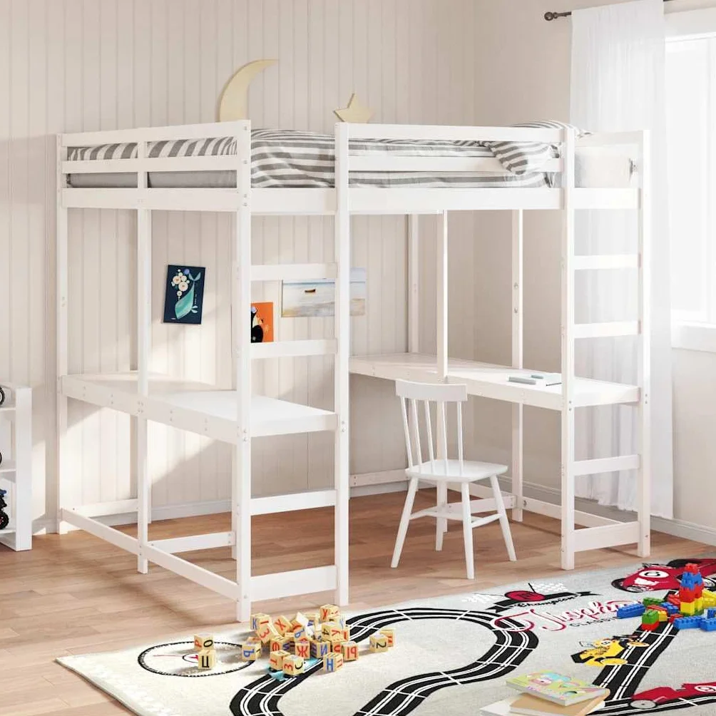 Cama alta con escritorio y escalera, marco de cama de pino blanco, 160 x 200 cm, cama de tamaño Queen robusta para niños y jóvenes, mueble que ahorra espacio