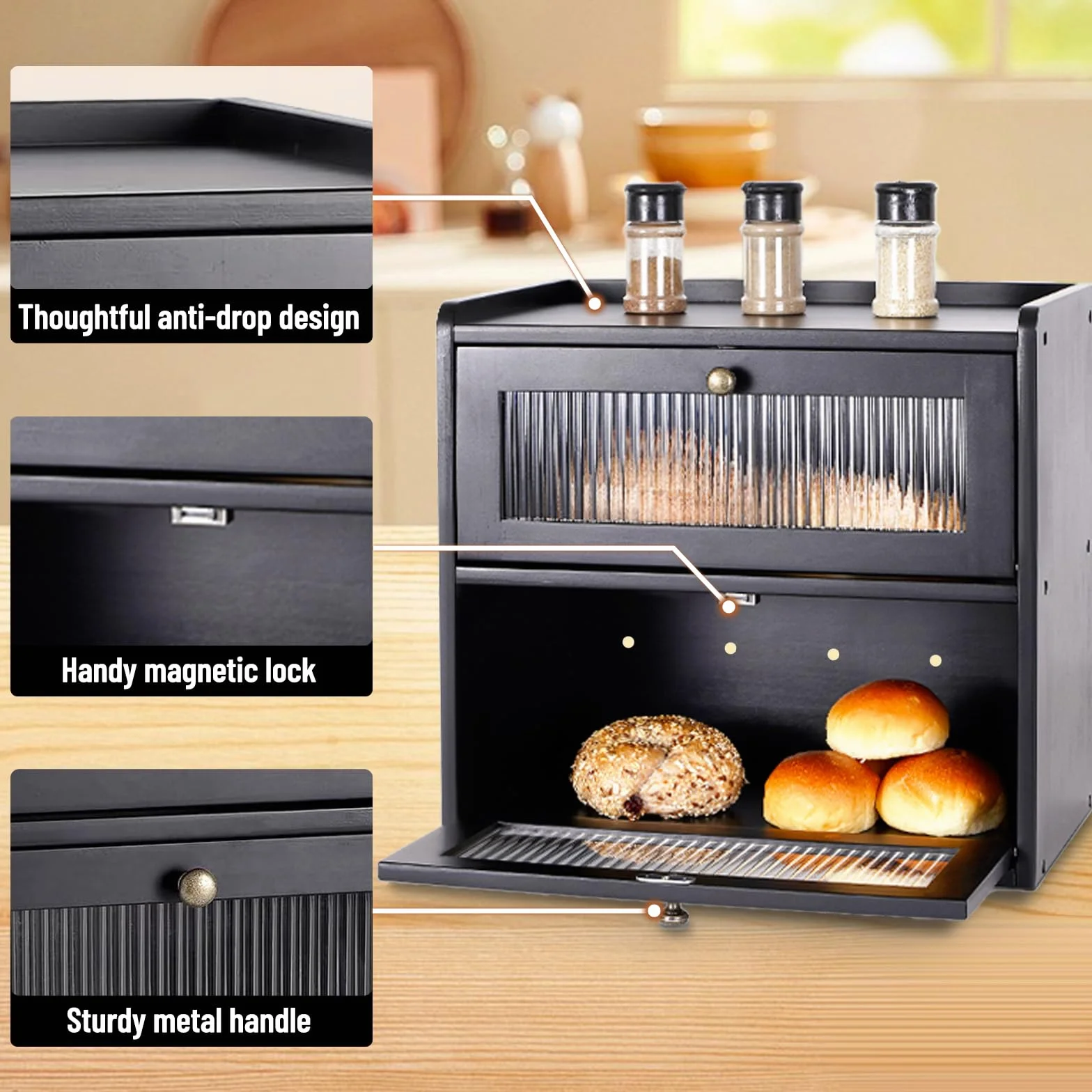 Paneras Para Guardar El Pan Caja Grande De Madera Maciza Doble Panera Madera Para Guardar ReposteríA Con Puerta AcríLica MagnéTica Bread Bin (Negro)