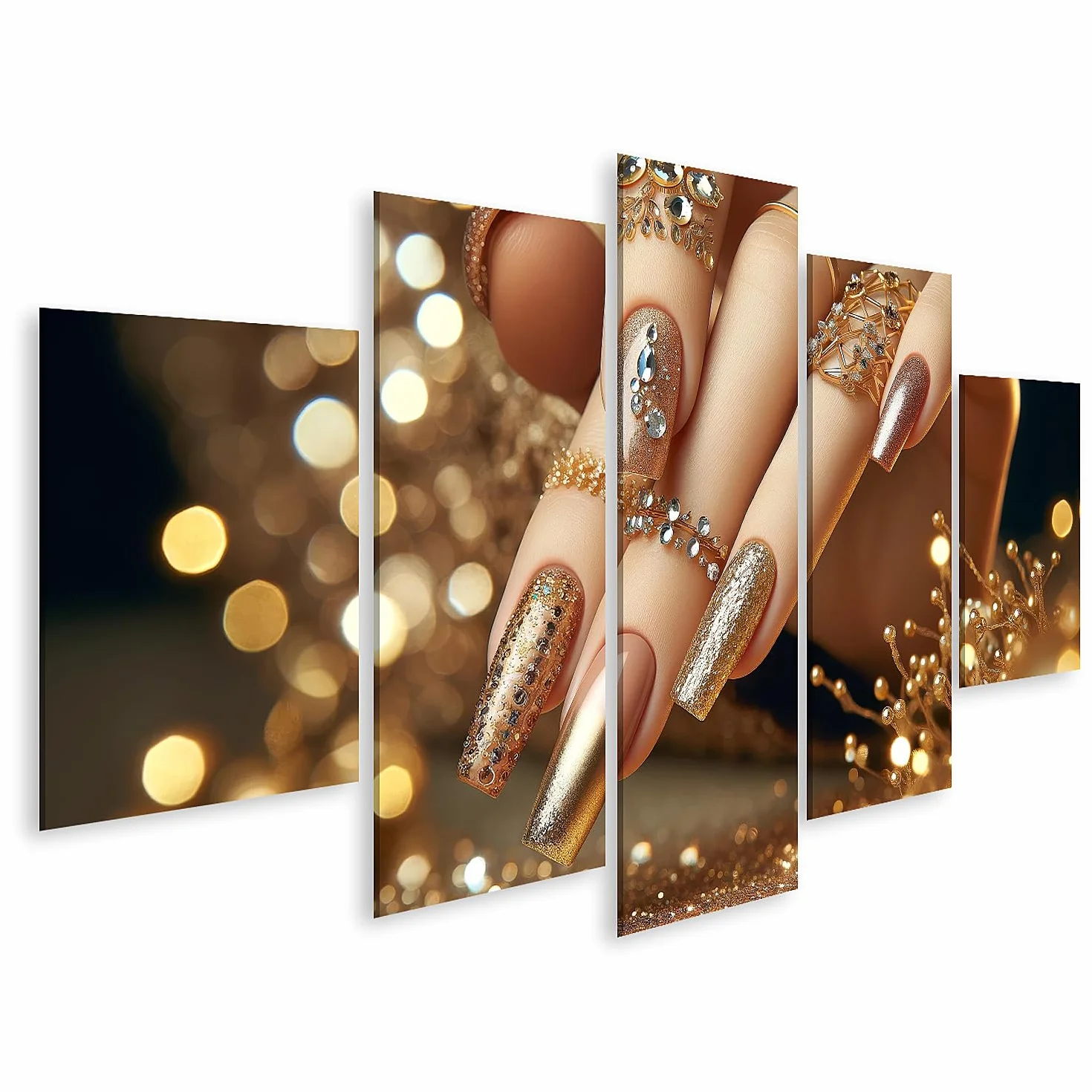 islandburner Cuadro sobre lienzo brillante esplendor dorado manicura con joyas acabado salón de uñas salón de belleza imágenes mural póster