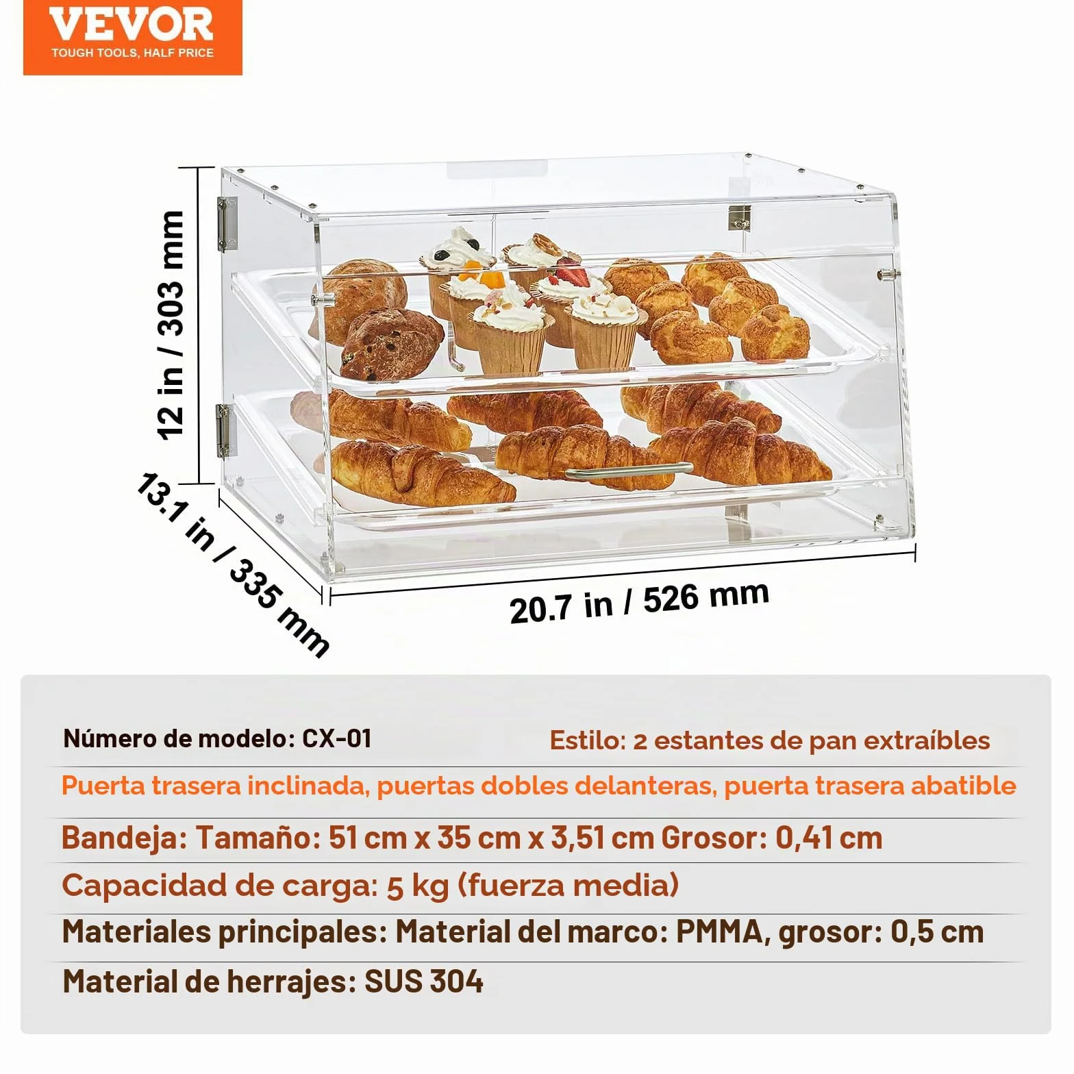 VEVOR Soporte de Exhibición de Pastelería de 2 Niveles Escaparate de Panadería de Acrílico Estante de Presentación de Pastelería Extraíble para Pan, Postre, Barra de Dulces, Cafetería, Restaurante