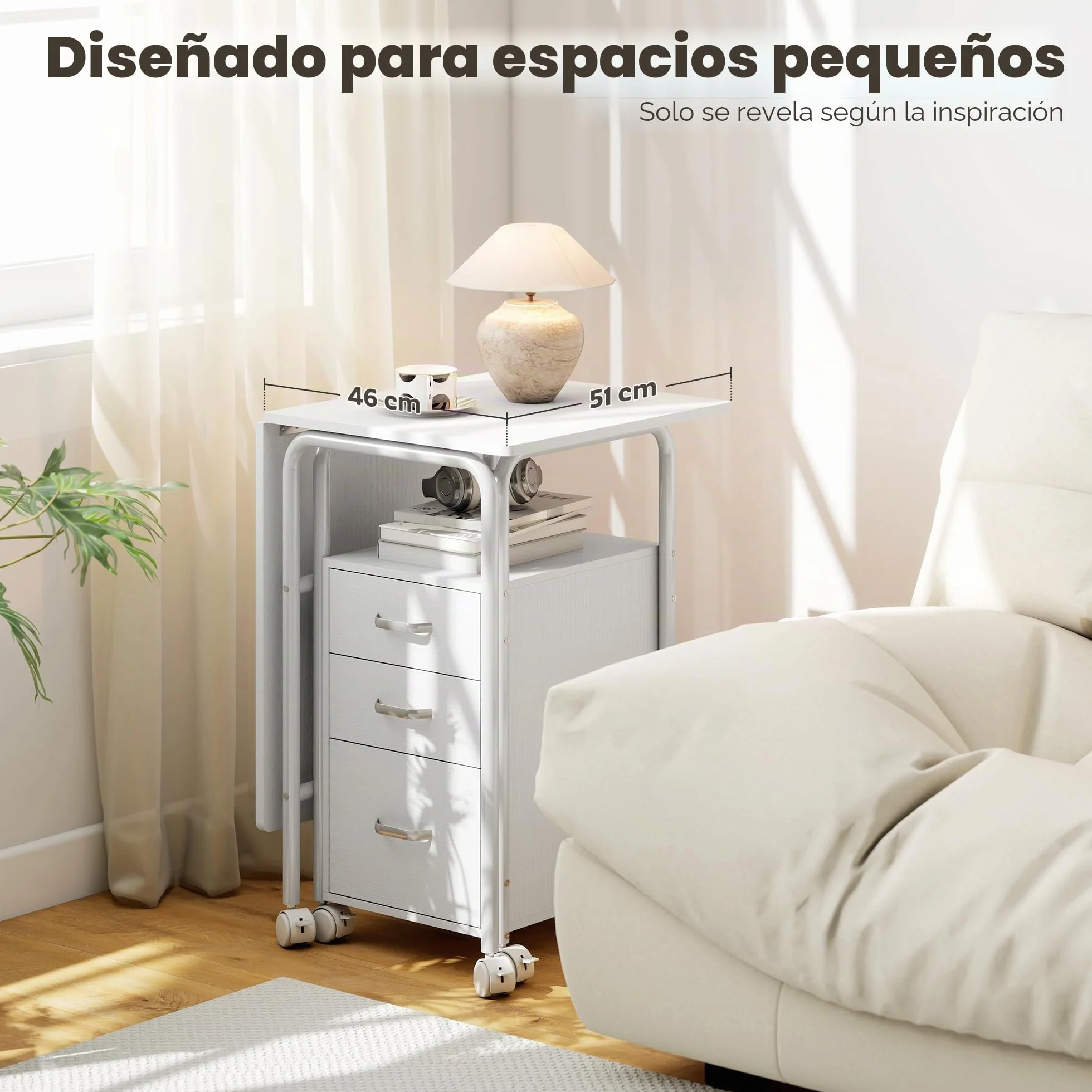 HOMCOM Escritorio Plegable con Ruedas y 3 cajones 105x51x75,5 cm Blanco | Escritorio para ordenador, sobre extensible, estructura de acero, para teletrabajo, dormitorio, estudio, estilo moderno.