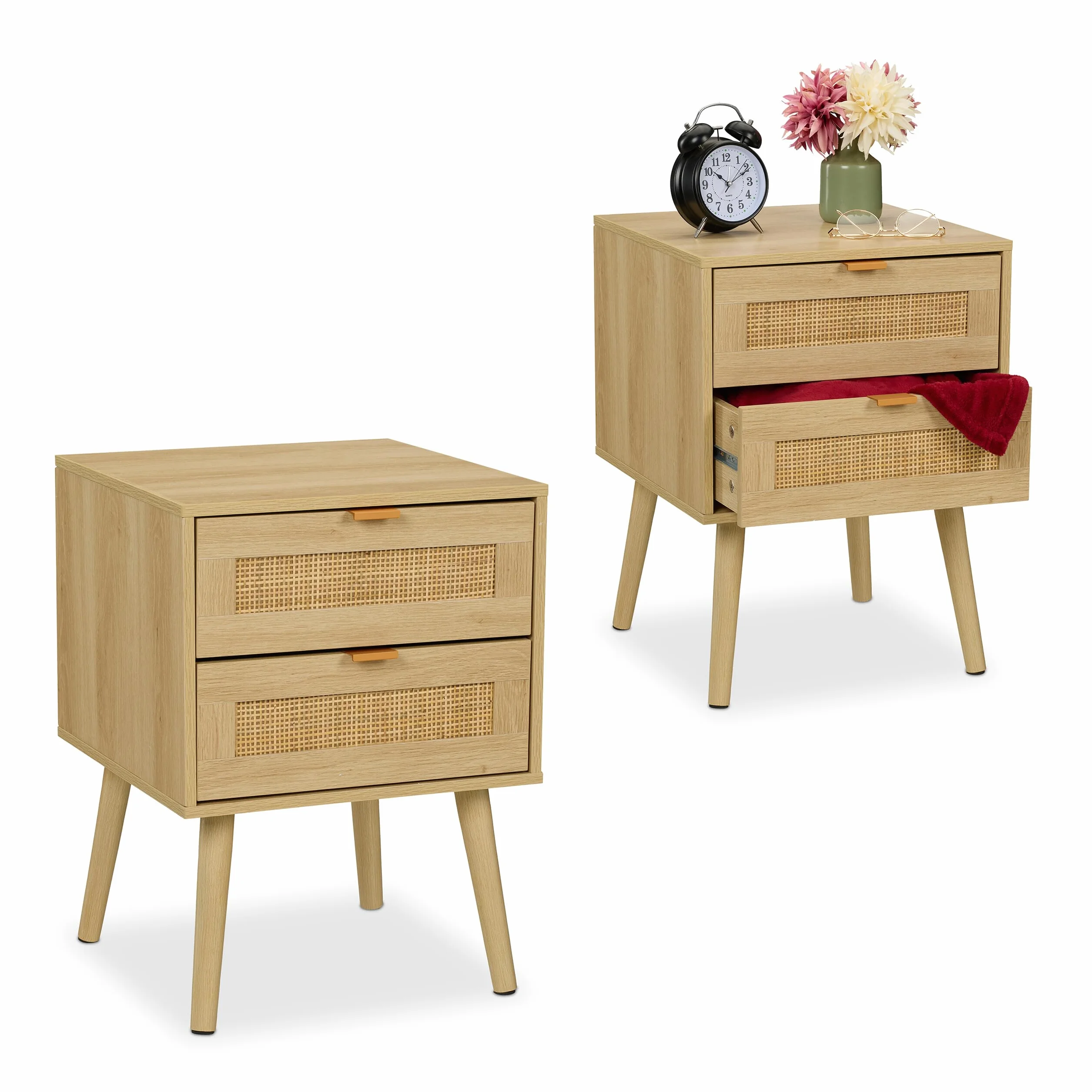 Relaxdays Mesita de Noche, Cajones, Set de 2, Estilo Ratán, Mesilla Dormitorio Efecto Madera, 55 x 40 x 41,5 cm, Natural | Mesita de noche, 2 cajones, 55 x 40 x 41,5 cm, dormitorio
