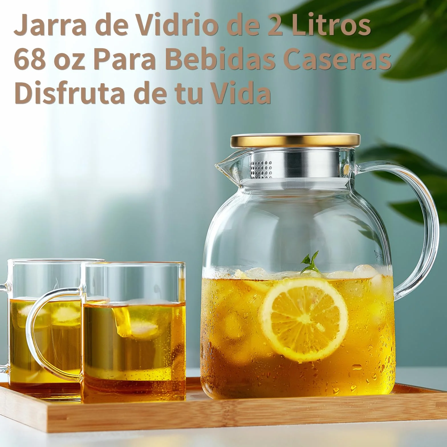MESNEY Tetera de Vidrio 2L Infusor Borosilicato Resistente al Calor Colador Tapa 2 en 1