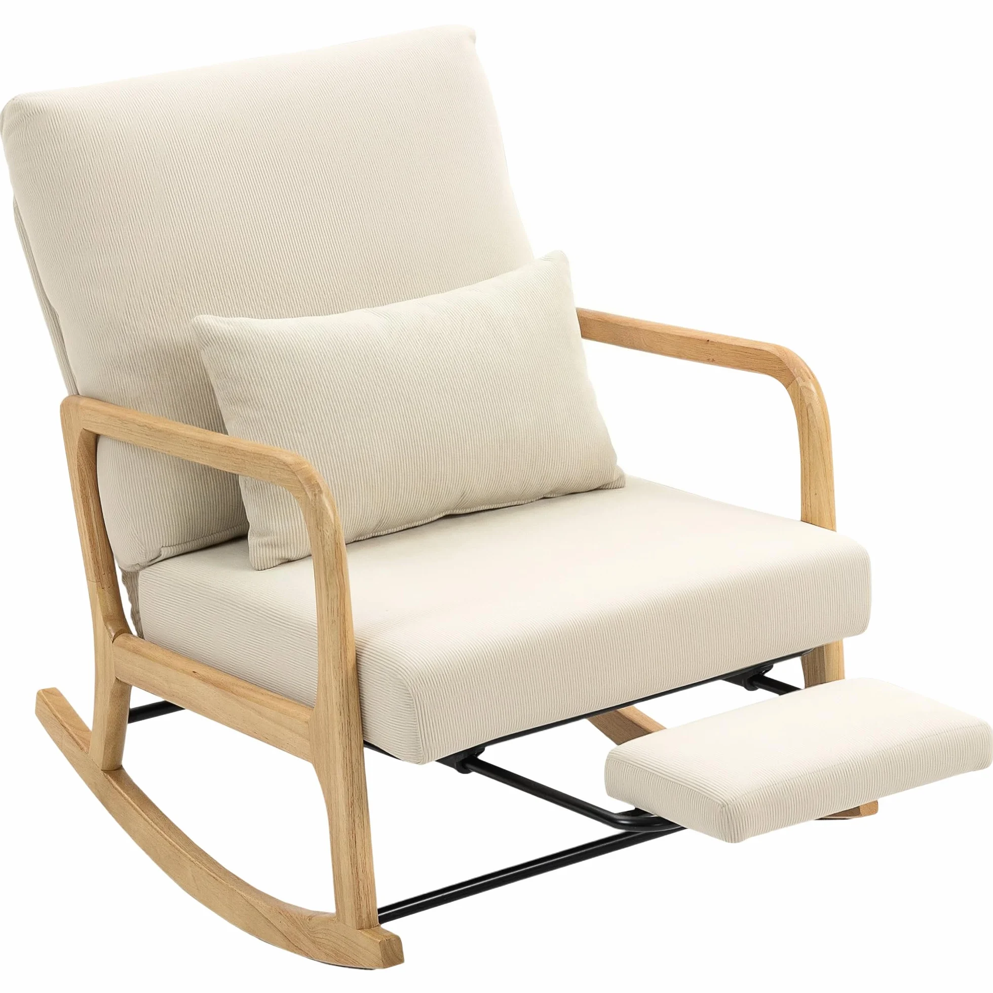 HOMCOM Silla Mecedora con Reposapiés, Respaldo Ajustable, Mecedora de Pana Nórdica, Patas de Madera, Reposabrazos, Cojín Lumbar, Sillón de Relax, Carga 120 kg, para Dormitorio, Salón, Crema