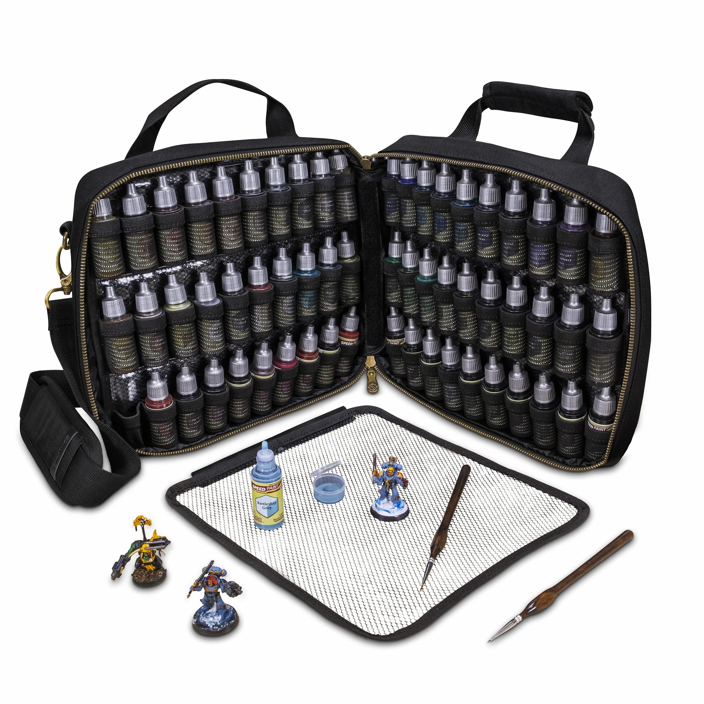 ENHANCE Maletin para Pintura de Miniaturas, Estuche Organizador con Ranuras para 60 Botellas y 16 Pinceles, Galeria Paletas y Muestras de Color, Correa de Hombro Comoda, Pad Limpiable