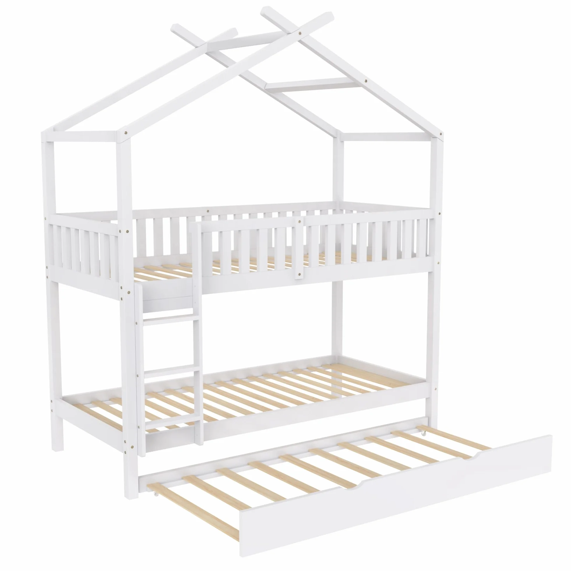 Moimhear Cama para niños House Bed 90 x 200 cm, cama juvenil, tres camas, extensible, diseño que ahorra espacio, color blanco