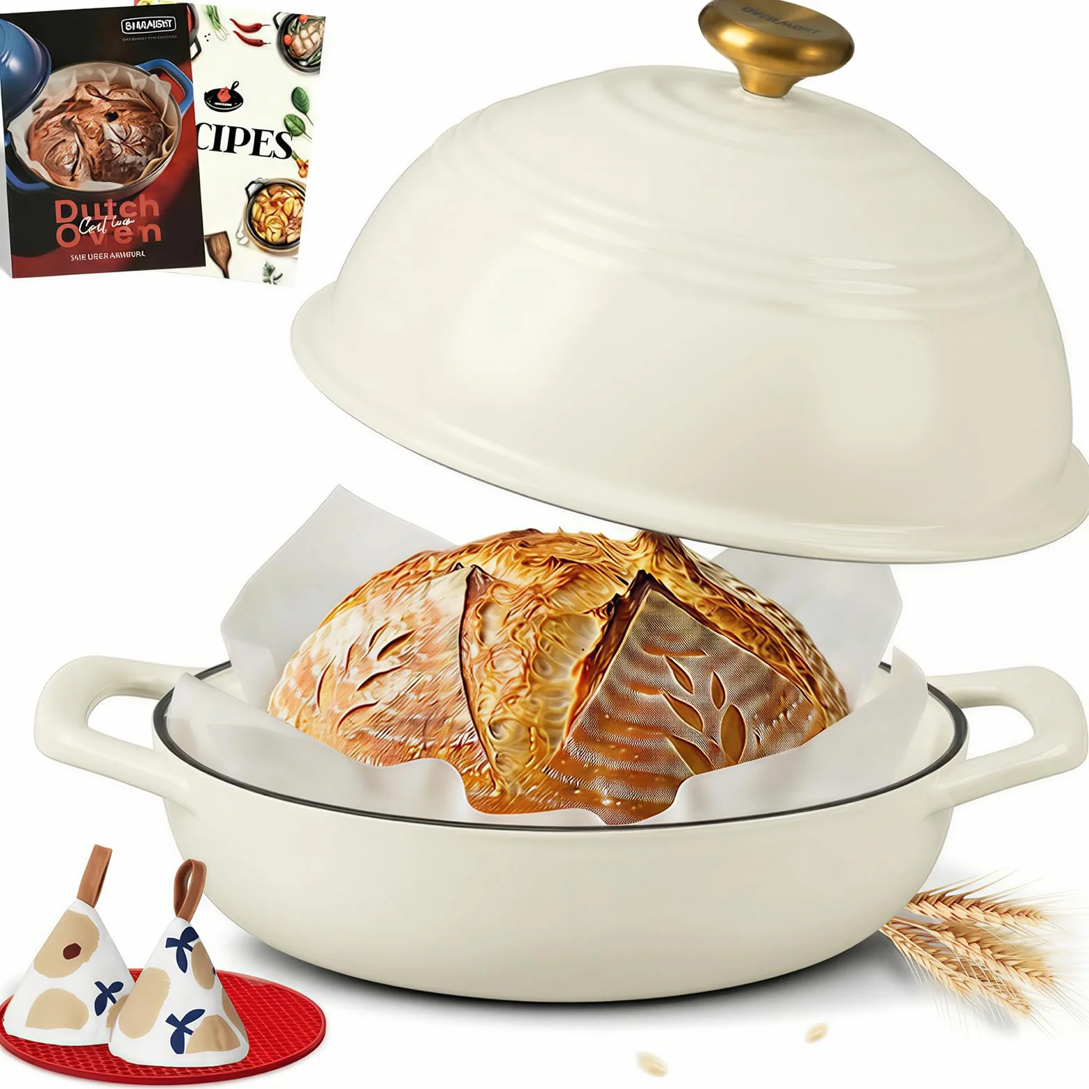 Overmont Olla de hierro fundido esmaltado para Hornear pan - 5.7L Olla holandesa Cacerola con tapa y libro de recetas - Apta para cocina, hornear, estofar y asar - Blanco