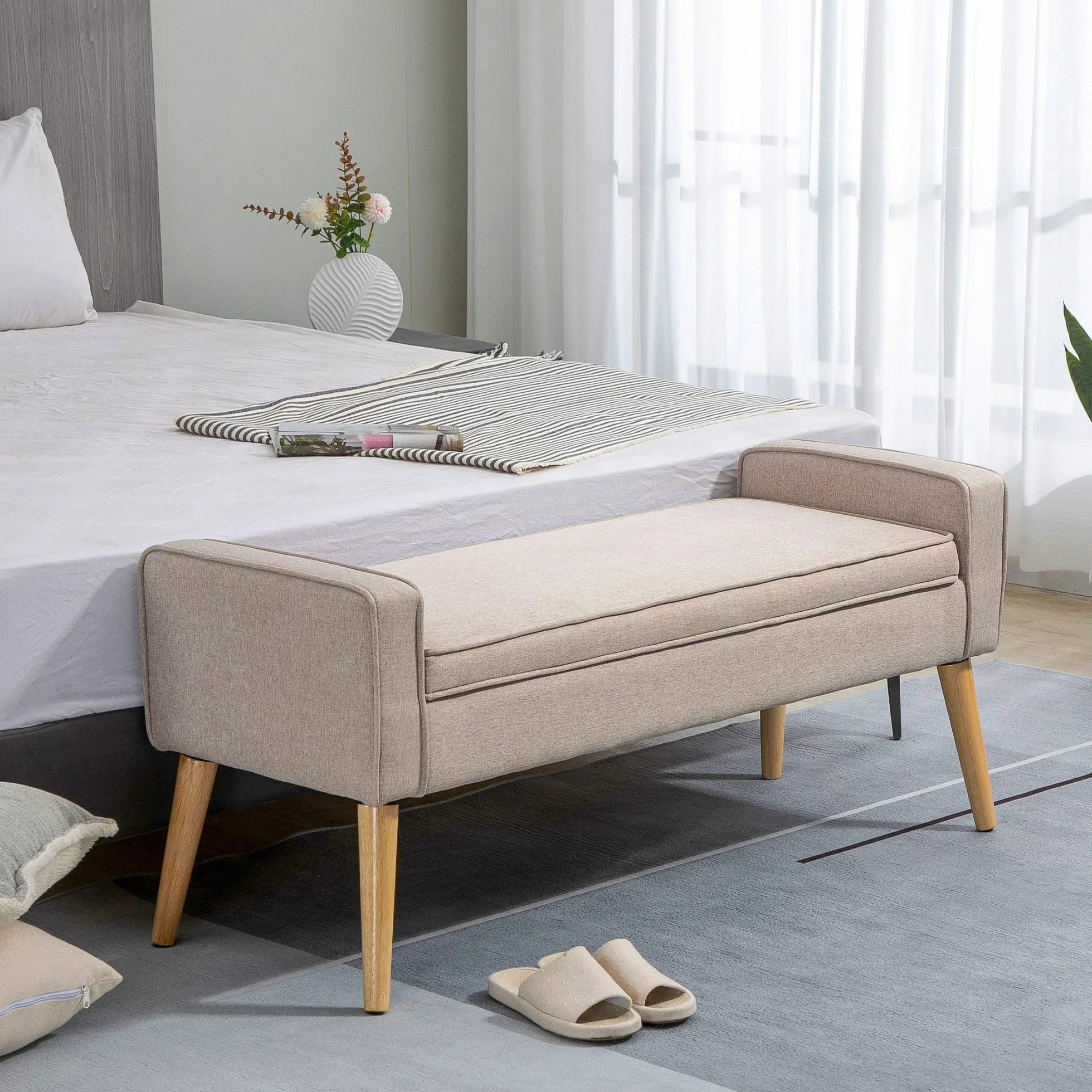 HOMCOM Puff Almacenaje Banco Almacenaje Tapizado en Lino Sintético con Tapa Abatible y Patas de Madera para Dormitorio Salón Entrada Carga 120 kg 120x45x54 cm Beige