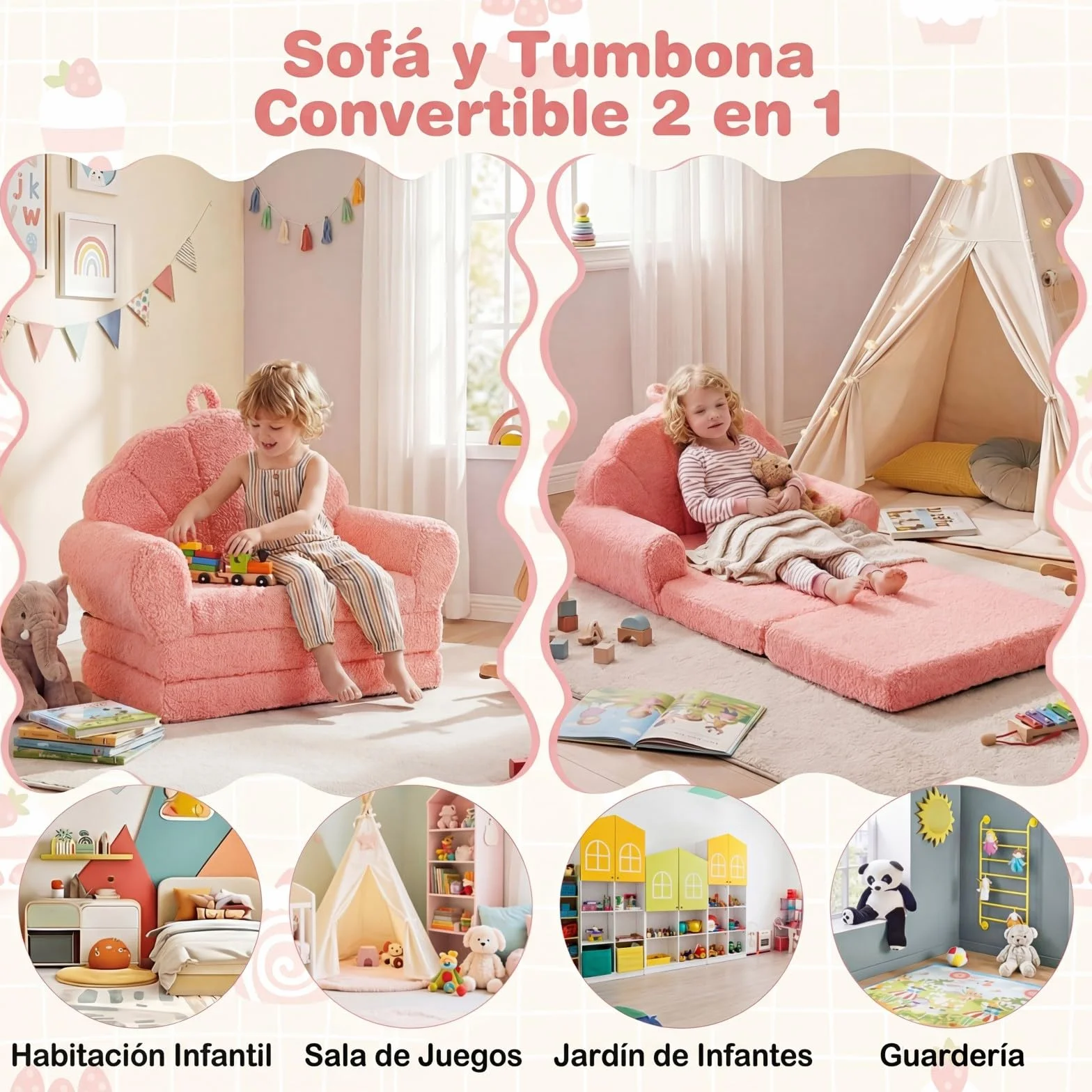 GOPLUS Sofá Plegable para Niños, Sofá Cama 2 en 1 con Funda de Forro Polar Lavable, Respaldo en Forma de Concha y Reposabrazos, Sillón Infantil de Espuma para Niños de 3+ Años (Rosa)