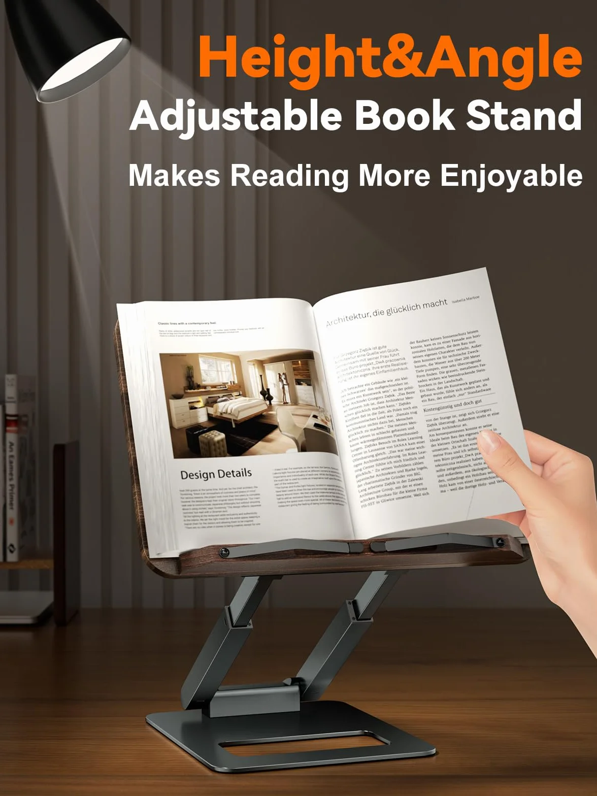 Tounee Atril telescópico para libros de cocina, altura ajustable, diseño extensible, ergonómico con pinzas laterales elásticas, apto para todos los libros (gris)