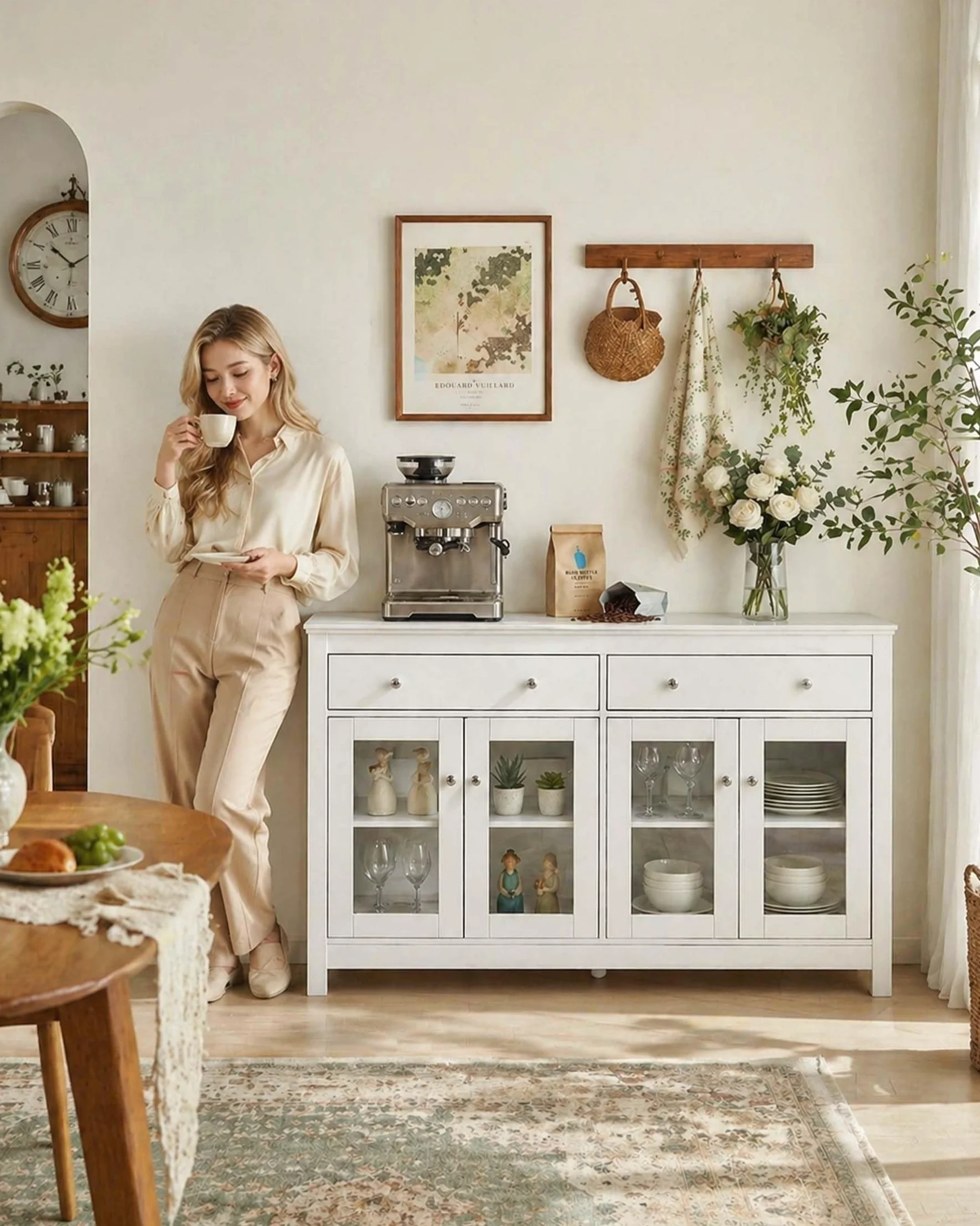 Aparador Blanco de Cocina, Mueble Auxiliar Moderno con Puertas de Vidrio y Alacena Grande con Cajones para Salón o Comedor 140x40x90.7cm