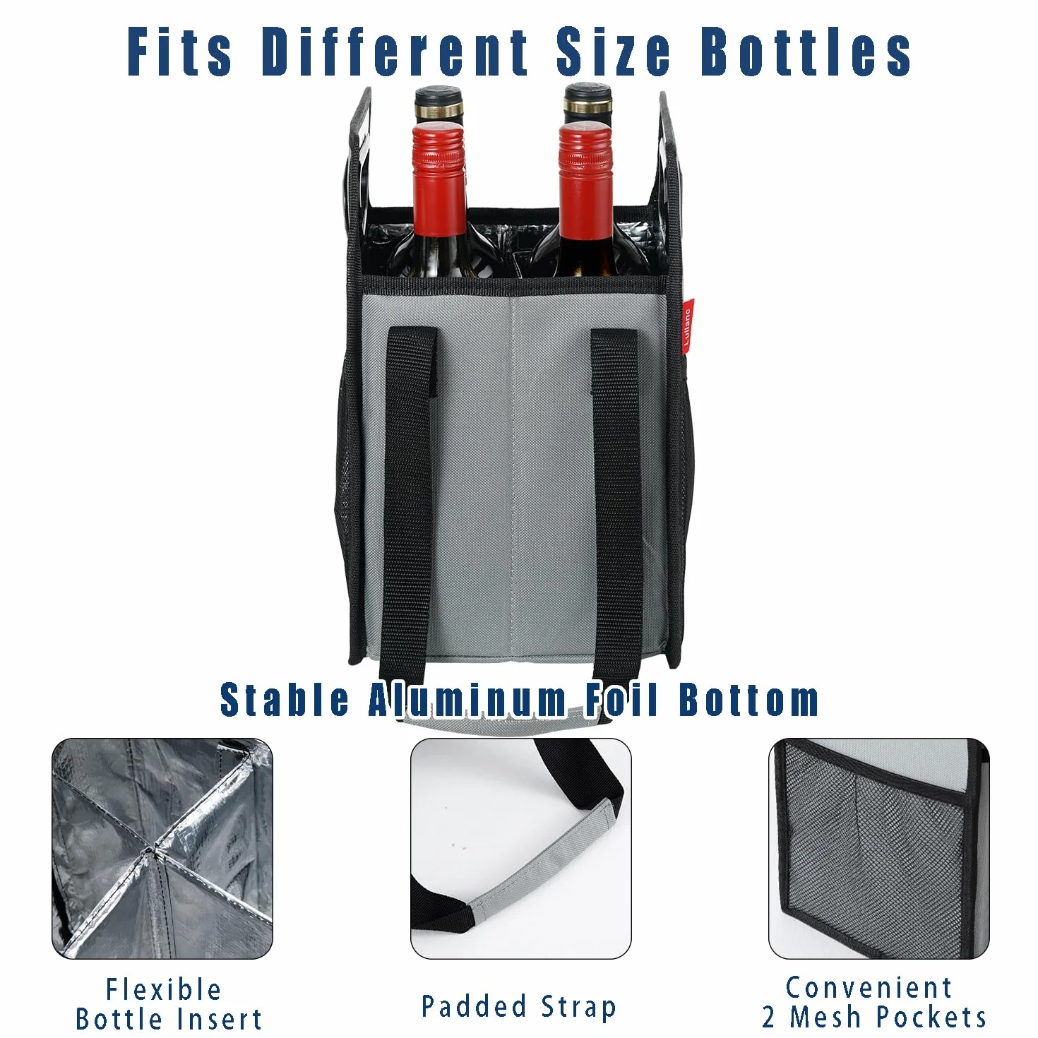 Portabotellas plegable reutilizable con correa para 6 botellas (gris, 4 botellas)