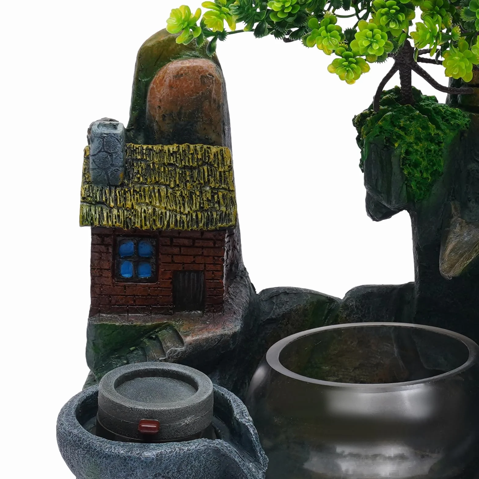 Fuente pequeña con iluminación, fuente de mesa, habitación, cascada, cuenca de agua con cristal, rueda Feng Shui, atomizador, 30 x 20 x 36 cm