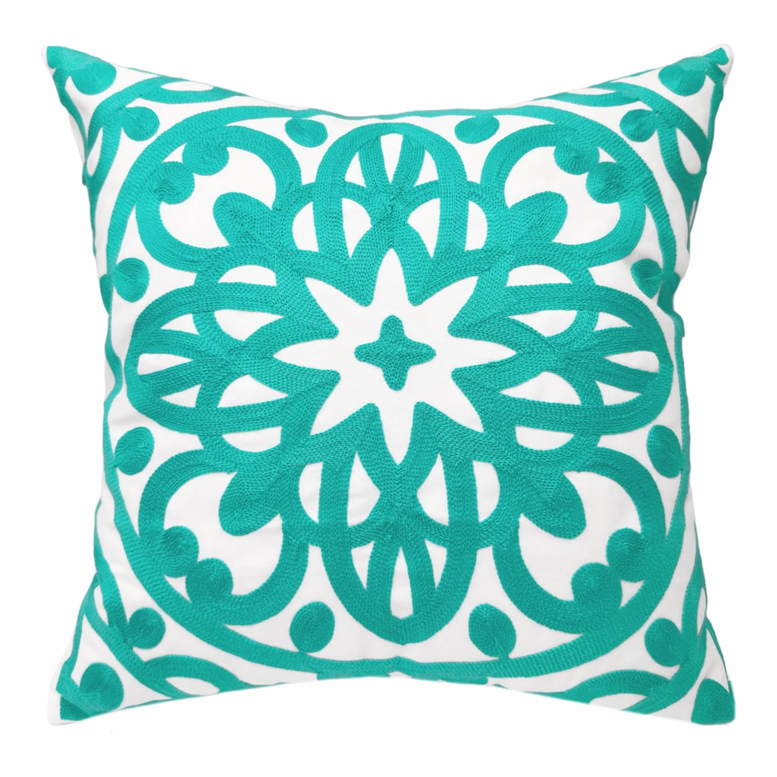 Alysheer Funda de almohada decorativa bordada 45,7 x 45,7 cm, moderna y clásica, con patrón de mandala turquesa, diseño de bordado, algodón, funda de cojín verde agua para sofá, sofá cama, dormitorio