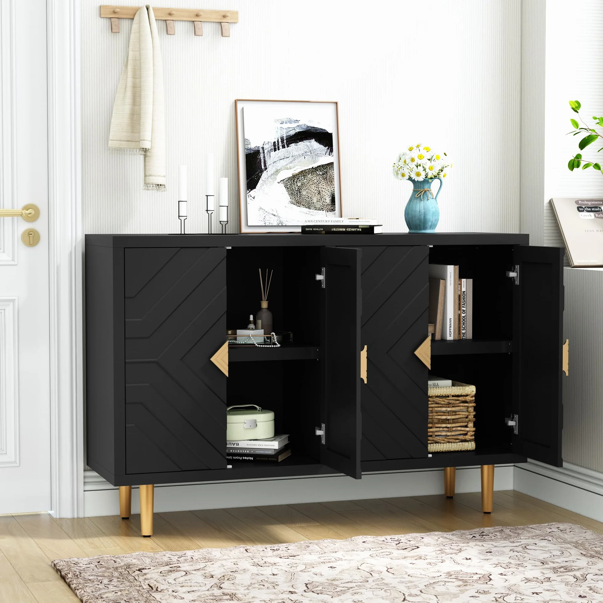 HOLTICO Cómoda de 4 puertas, armario de cocina, armario de almacenamiento, armario para salón, cocina, dormitorio, negro
