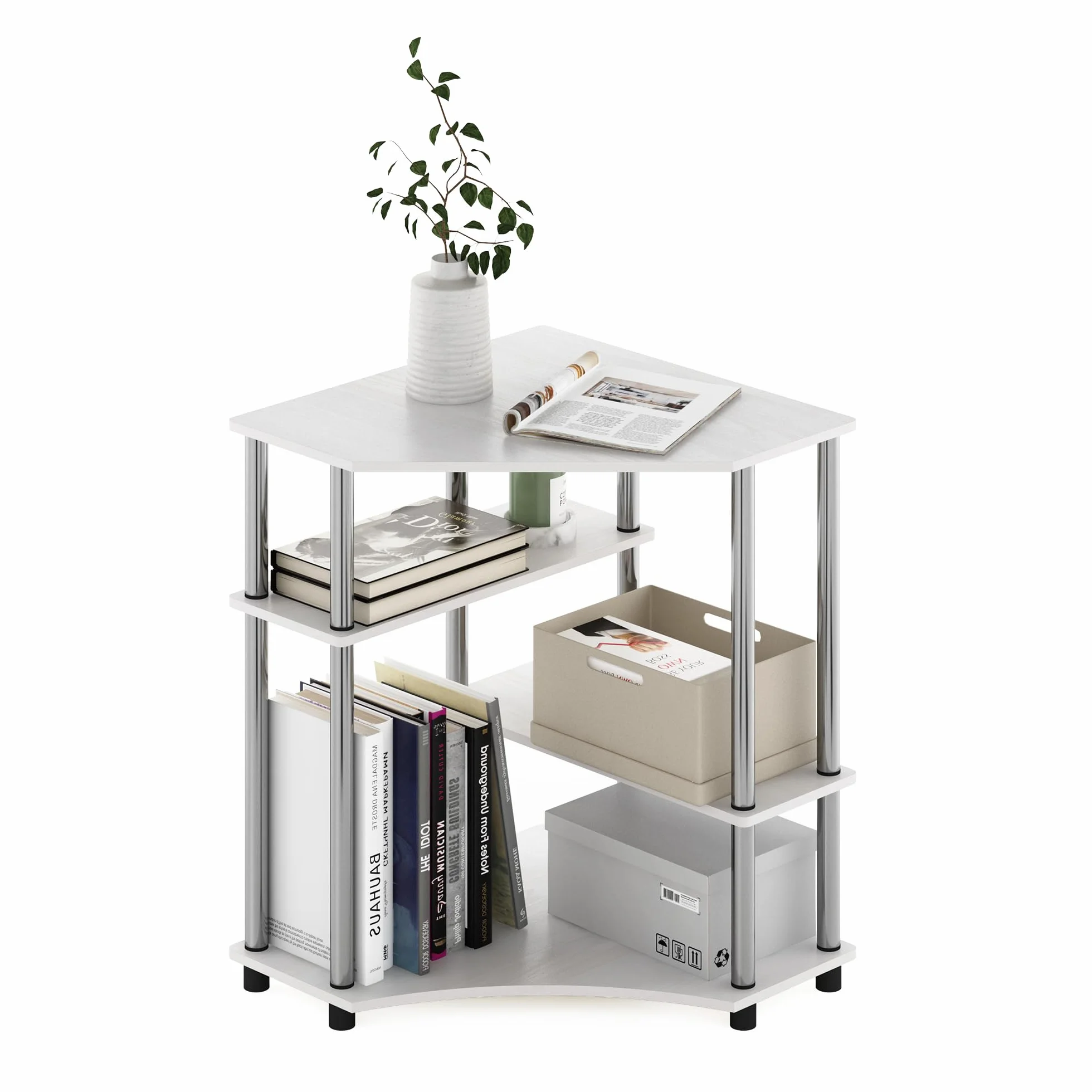 Furinno Turn-N-Tube Escritorio esquinero Que Ahorra Espacio con estantes, Engineered Wood, Roble Blanco/Acero Inoxidable, 79 (W) x 72.4 (H) x 57.2 (D) cm