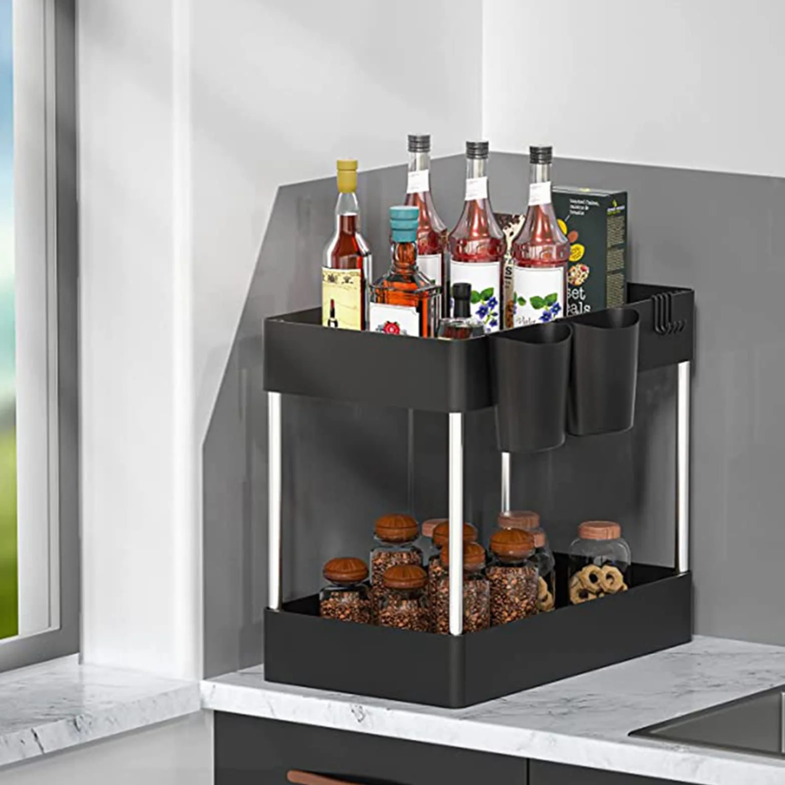 PRUJOY Organizador Debajo del Fregadero, Organizador de Almacenamiento, Organizador de gabinete de Cocina y Cesta de Almacenamiento con Ganchos, 2 Niveles para baño y Cocina