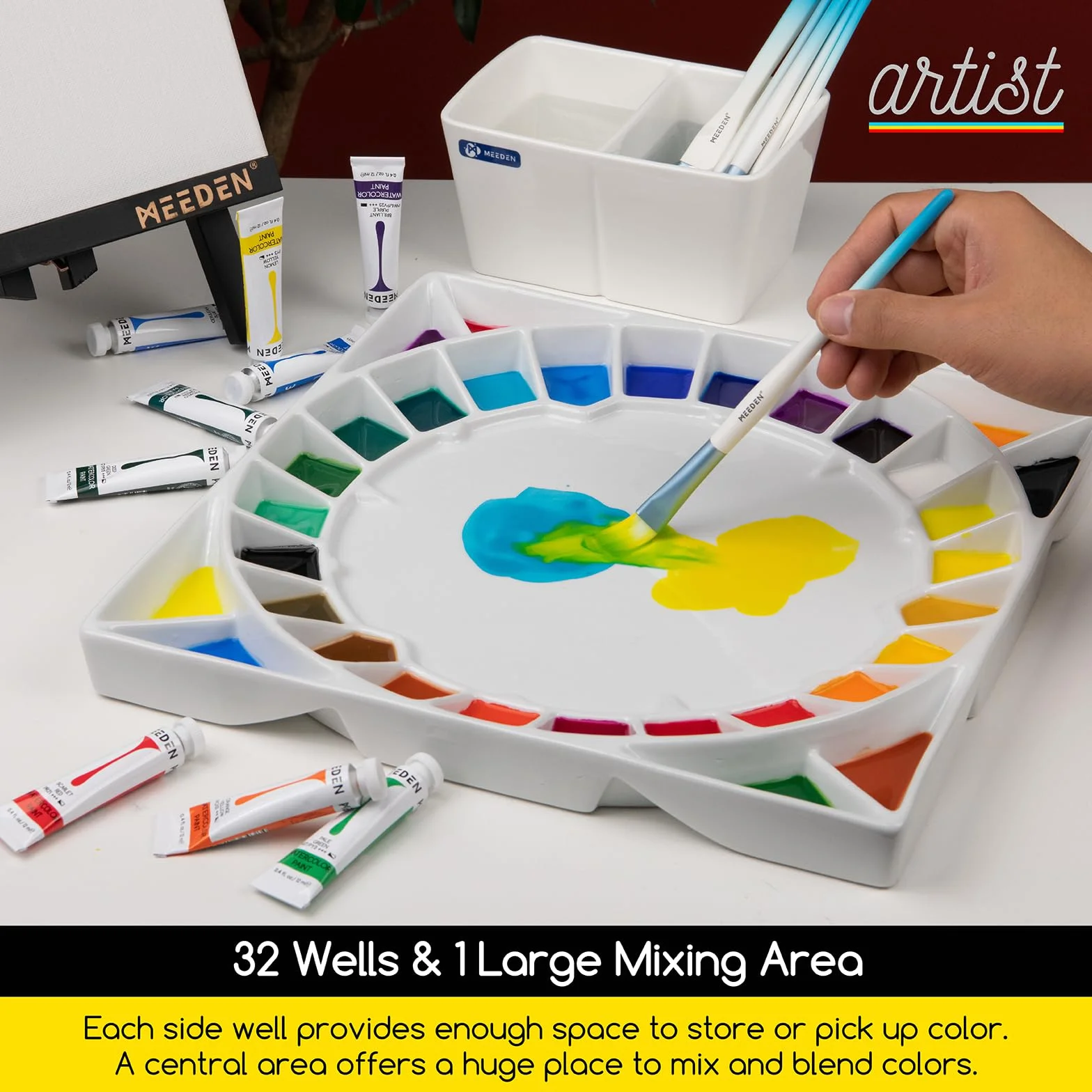 MEEDEN Paleta grande de acuarela de cerámica de 32 pozos con tapa, paleta de pintura de porcelana para pintura de acuarela con tapa, bandeja grande para mezclar para artistas, cuadrado de 12-3/5